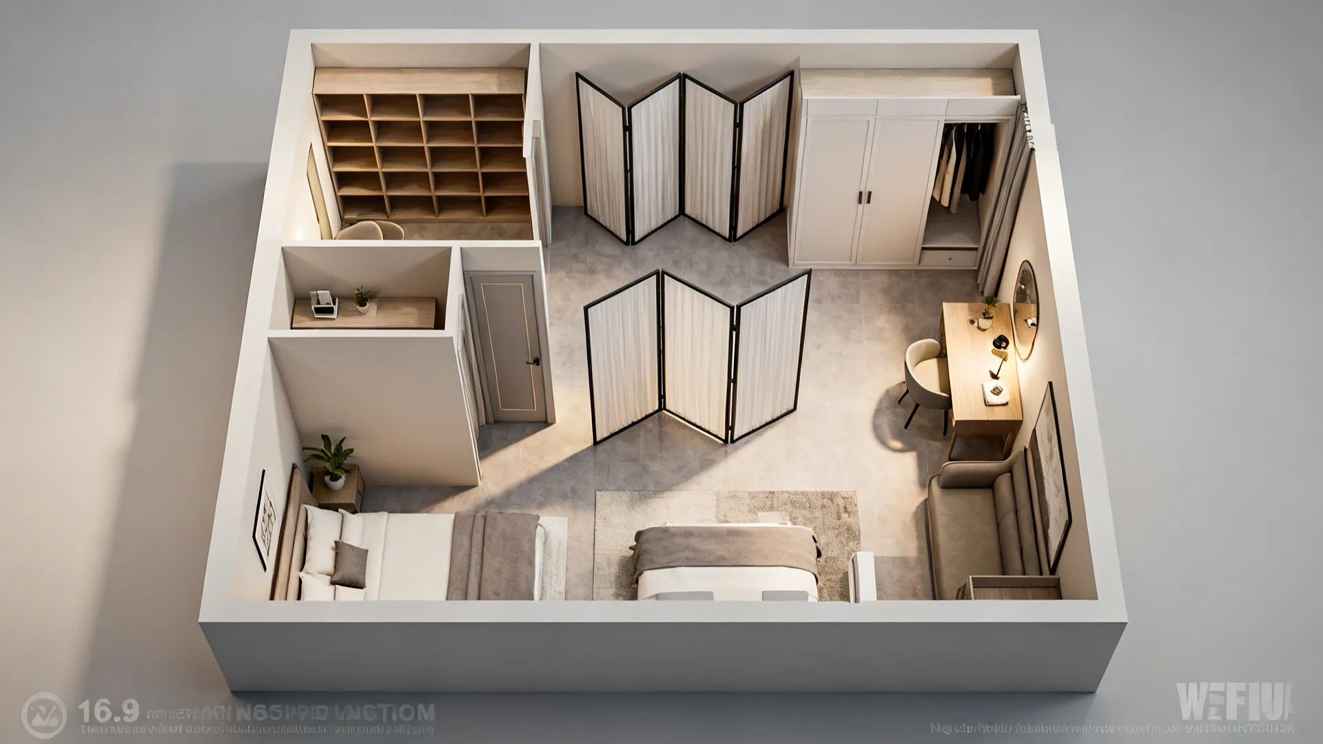Top-down photorealistic layout of a studio showing suggested divider placements and furniture clearances.