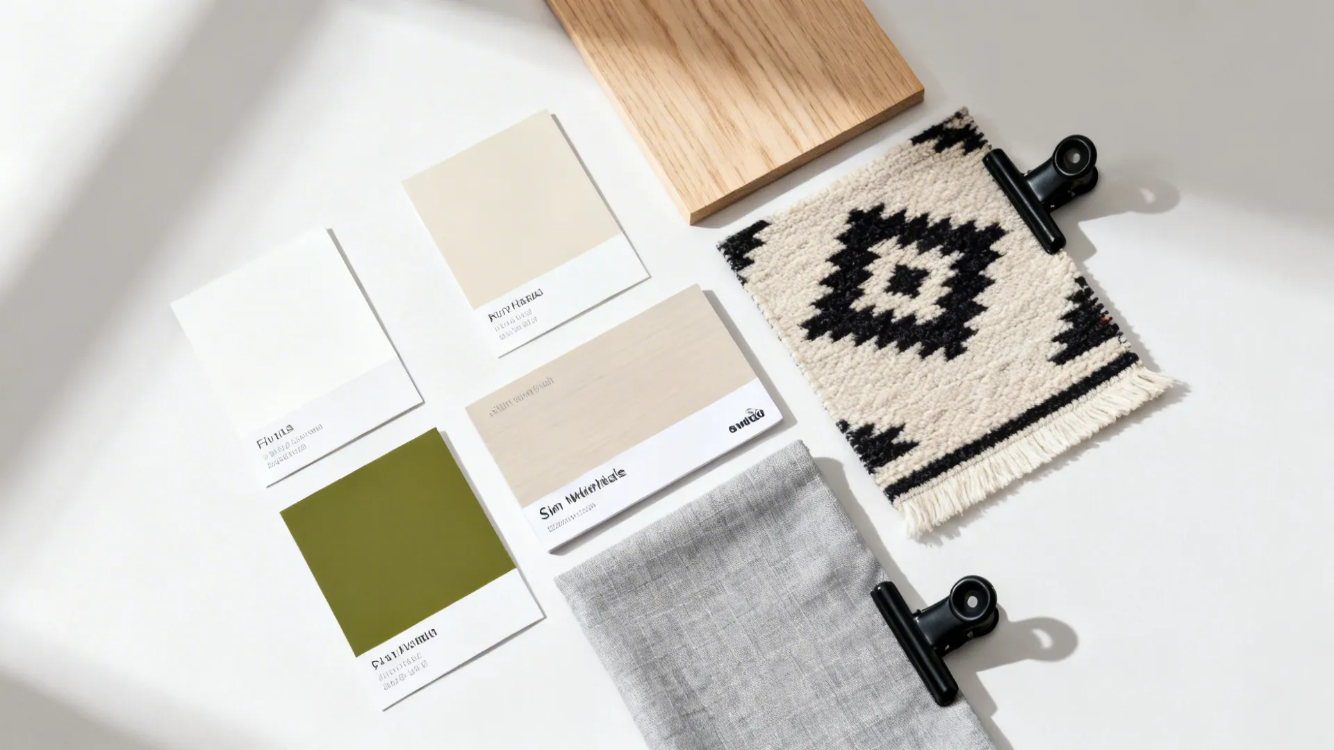 Warm neutrals and moss green swatches with light oak and kilim textile in a flat lay.