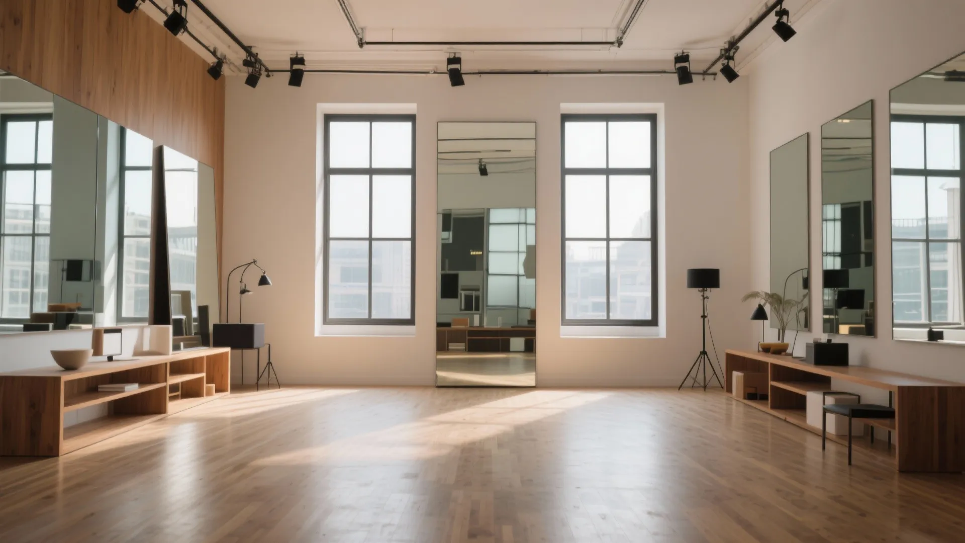 Large mirrors opposite windows enhancing visual depth