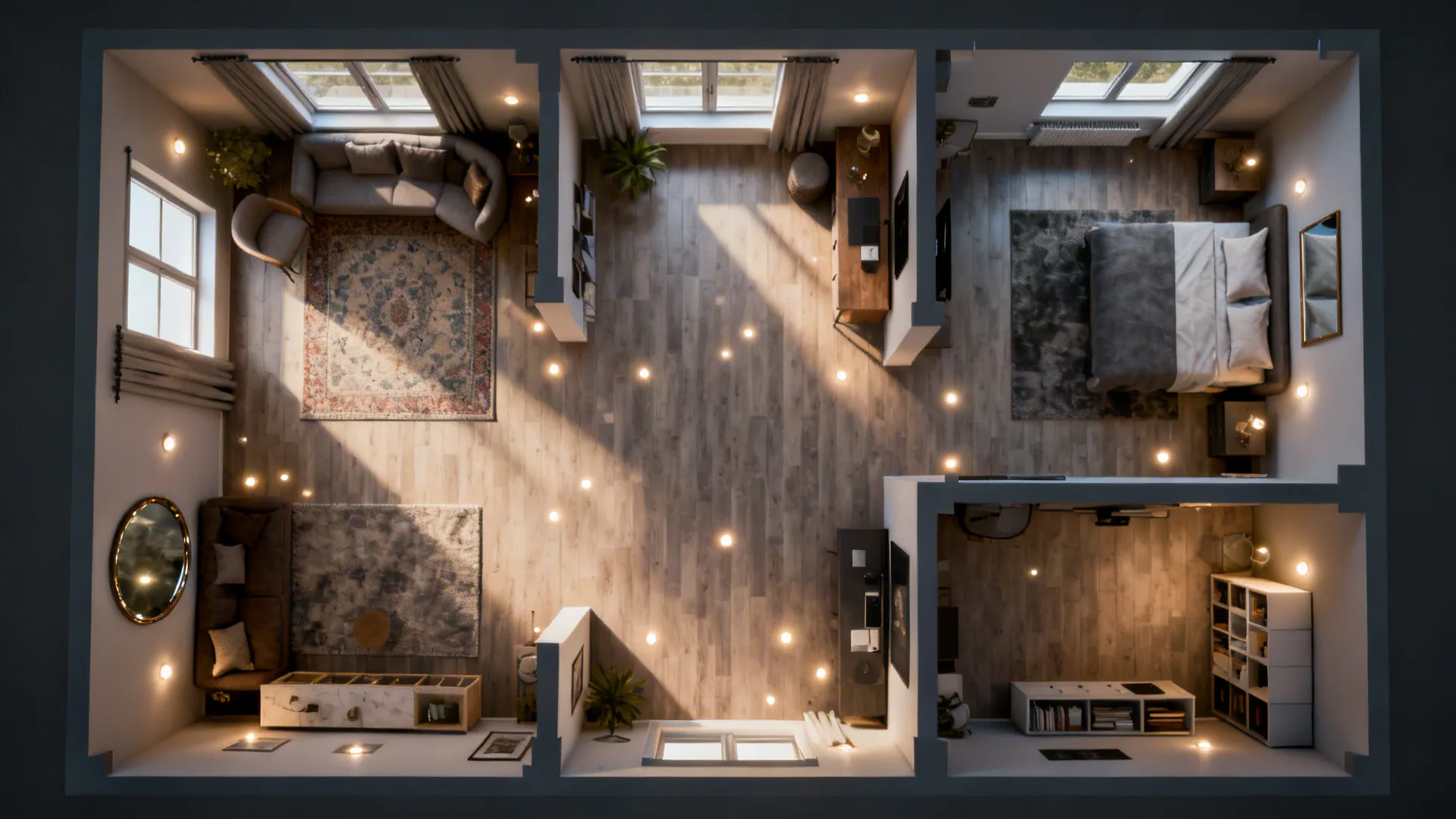 Top-down 3D-style mockup of a studio layout showing zones, furniture scale, and sightlines