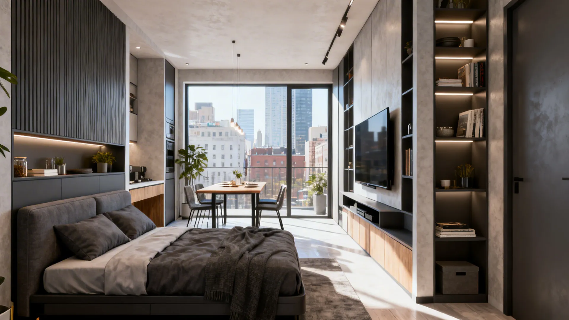 Tiny studio showing a compact sleeper sofa, wall media console and a behind-sofa console table dining spot.
