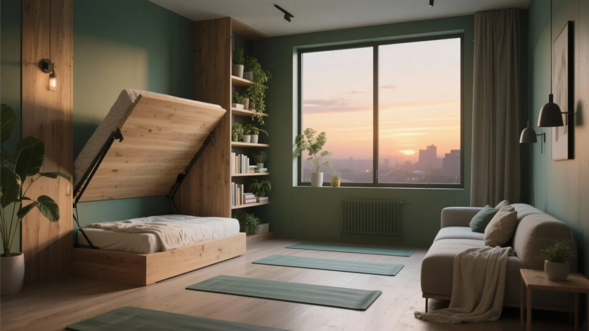 Small studio room with a folding wall bed yoga mats sofa and large window sunset