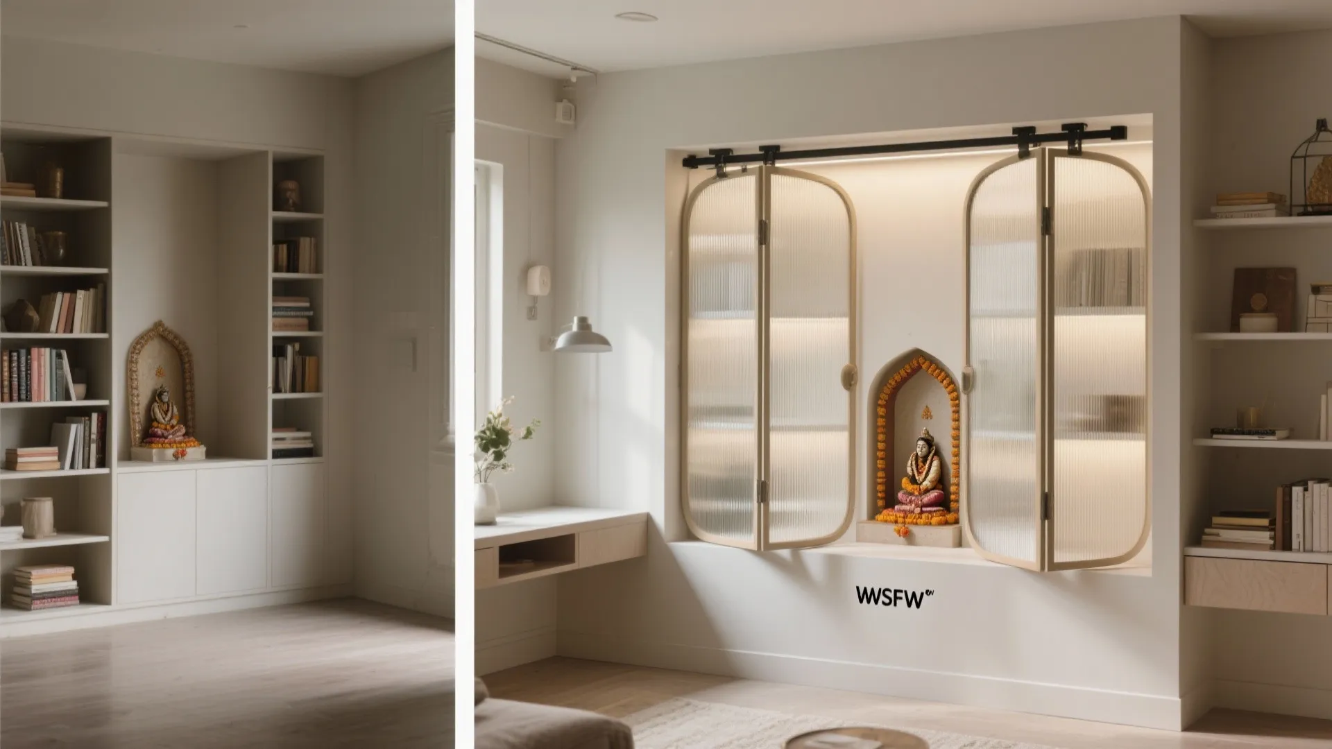 Before and after comparison showing a simple bookshelf transformed into a modern wall storage unit