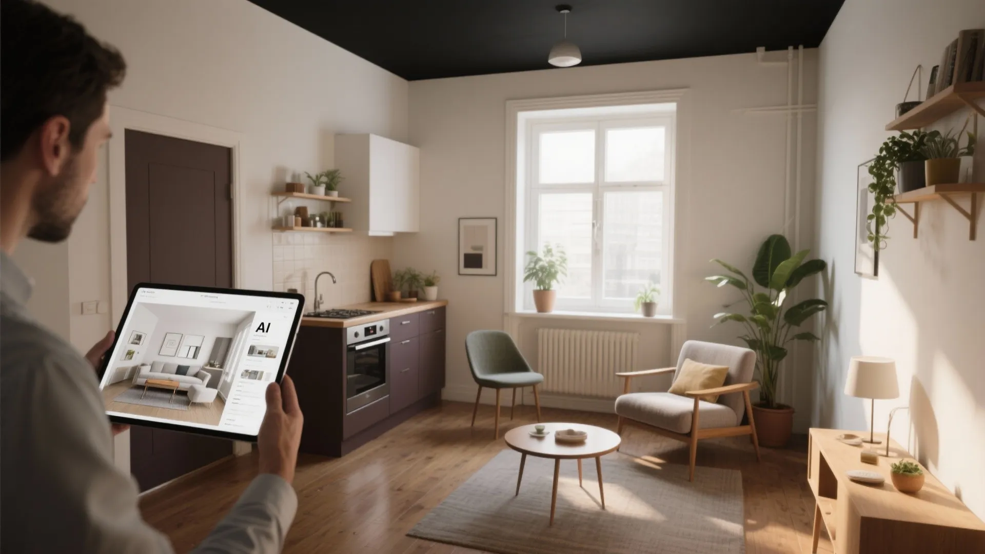 Man holding tablet showing interior design drawing in a modern kitchen and living room area