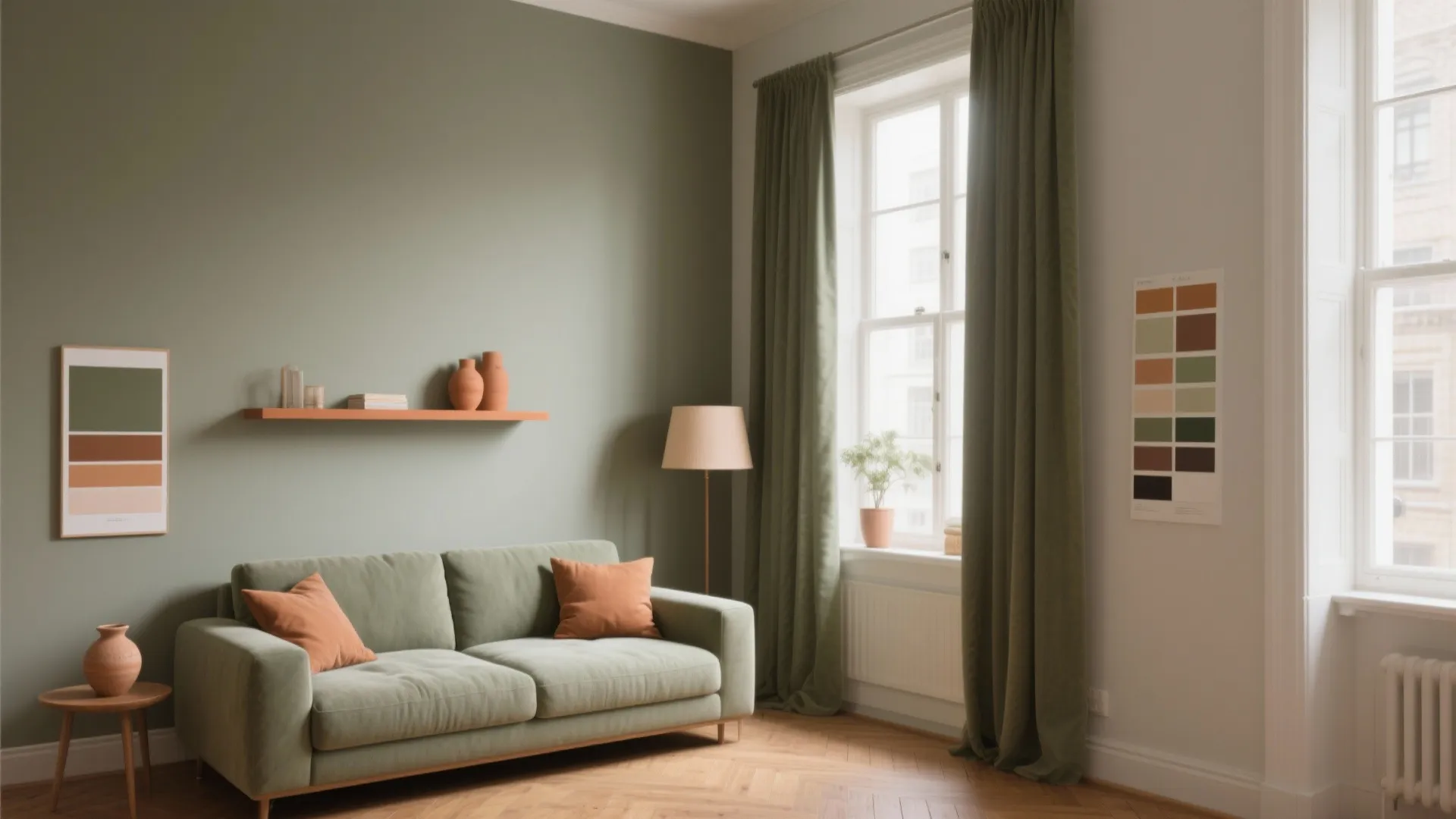 Living room with green sofa matching curtains wood floor and wall shelf with small clay pots