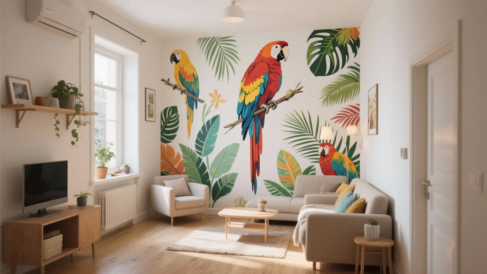 Modern living room featuring a colorful tropical parrot mural with green leaves and a beige sofa