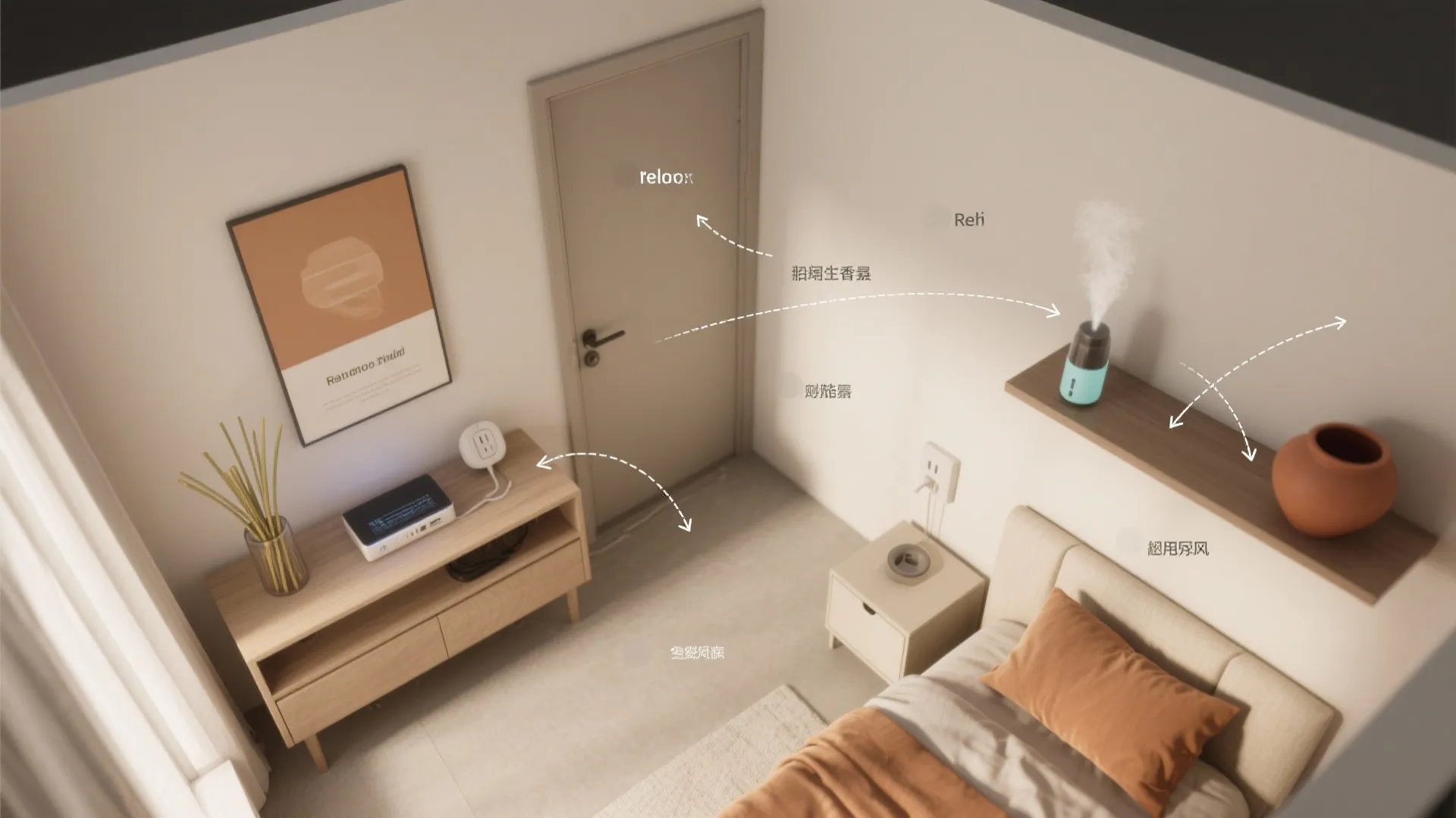 Top-down studio plan with diffuser placements and airflow arrows.