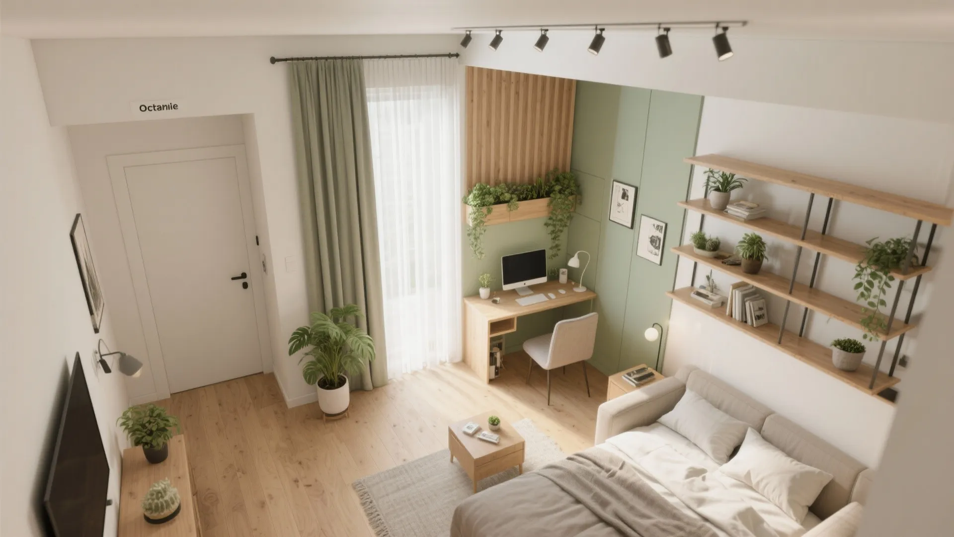 Light wood studio apartment featuring a desk, bed, green wall panels, plants, and ceiling lights