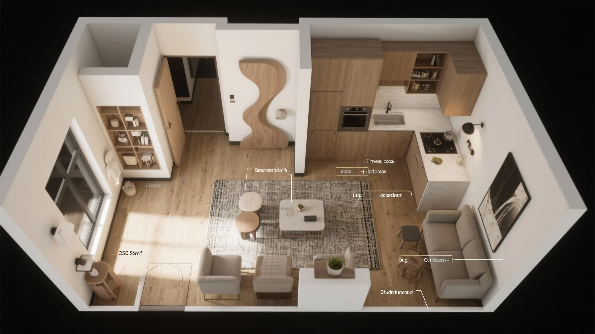 Interior design drawing showing top down three dimensional layout of a modern studio apartment plan