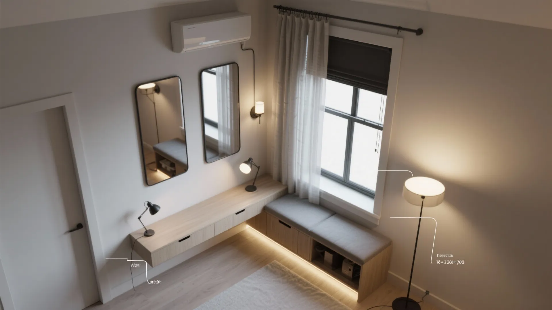 Interior design drawing showing top view of studio room with desk mirrors and floor lamp