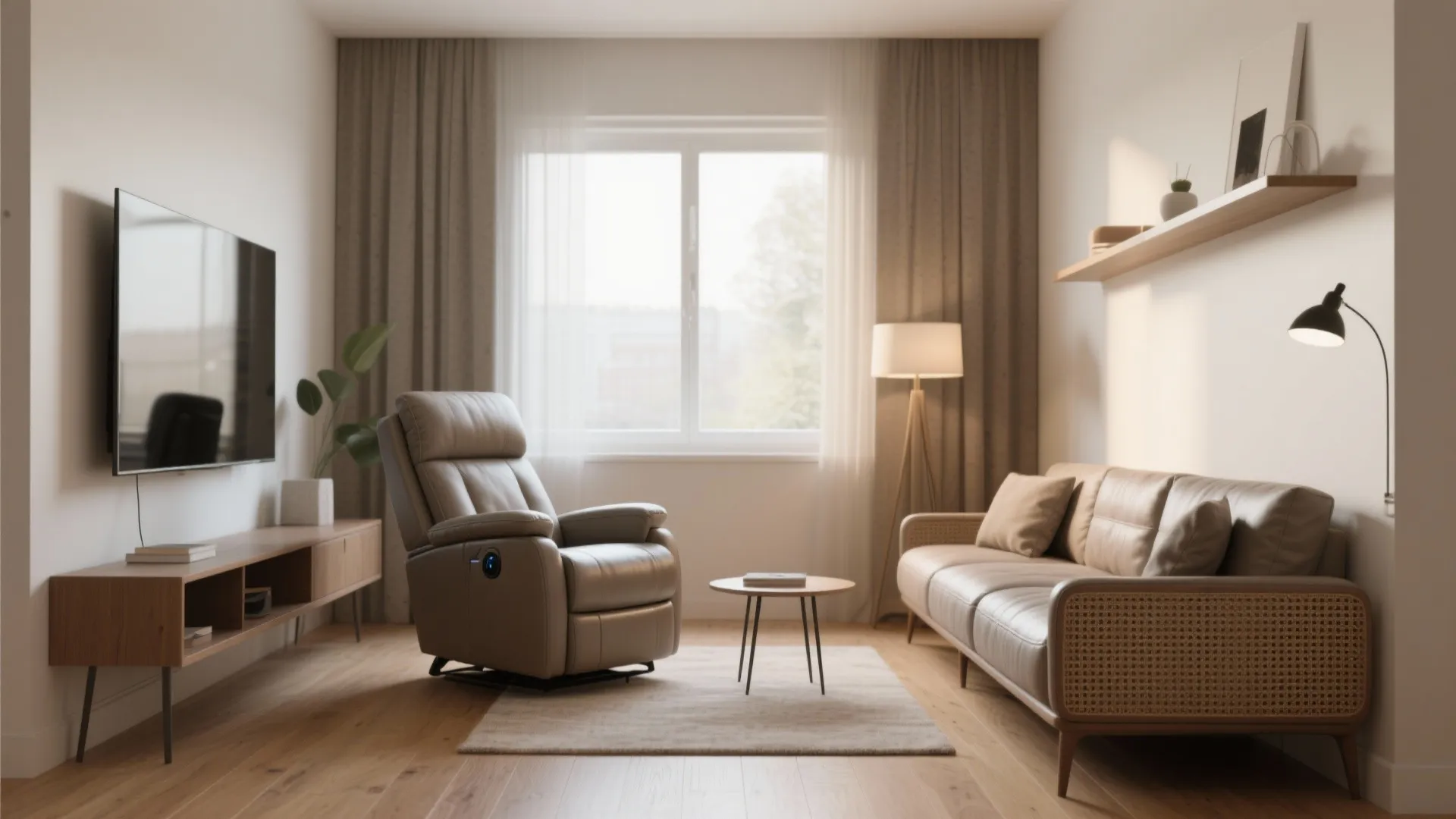 Modern living room with leather sofa and armchair facing a wooden television stand and window