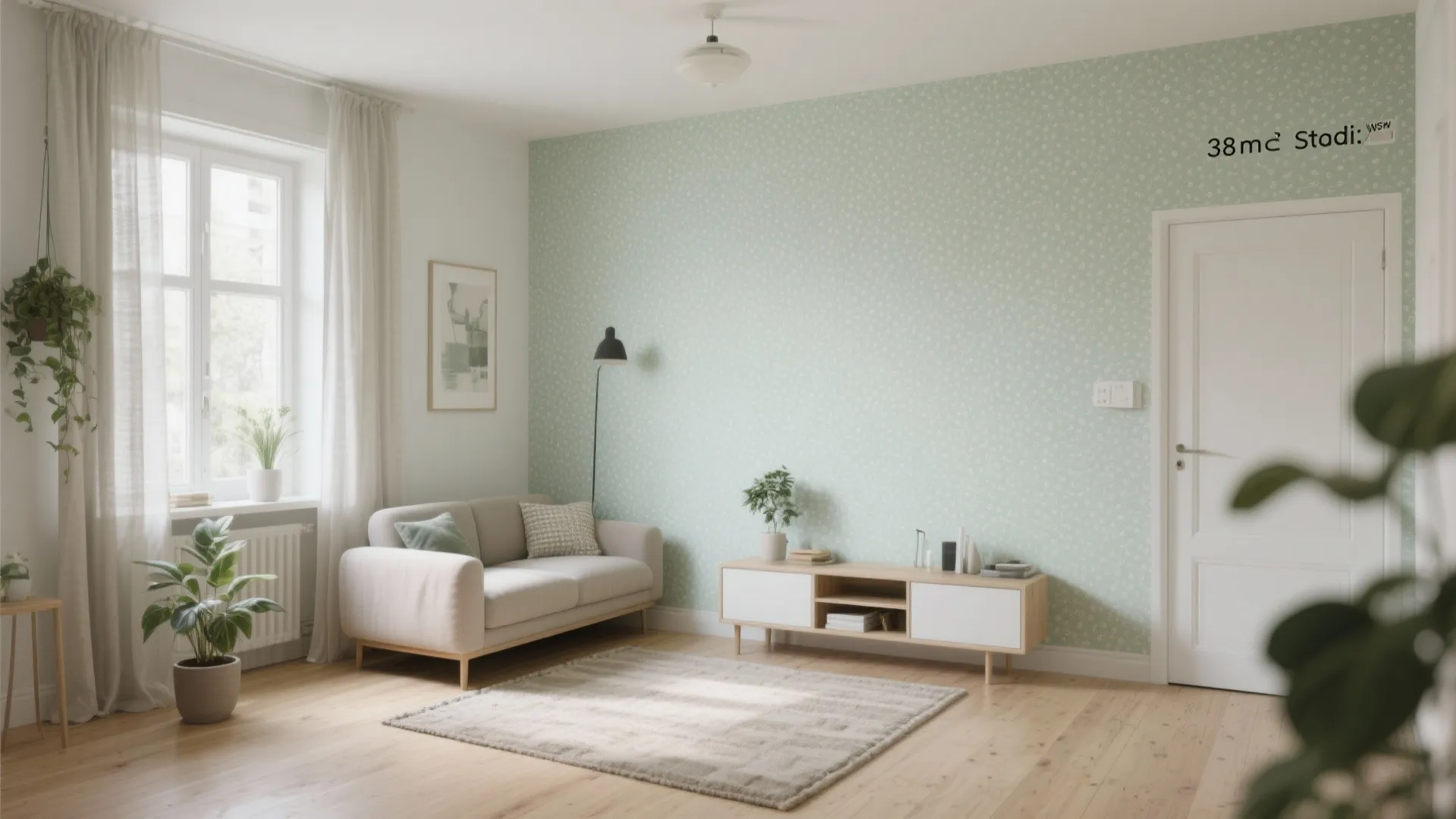 Bright living room with light green wallpaper beige sofa wooden cabinet floor rug and plants