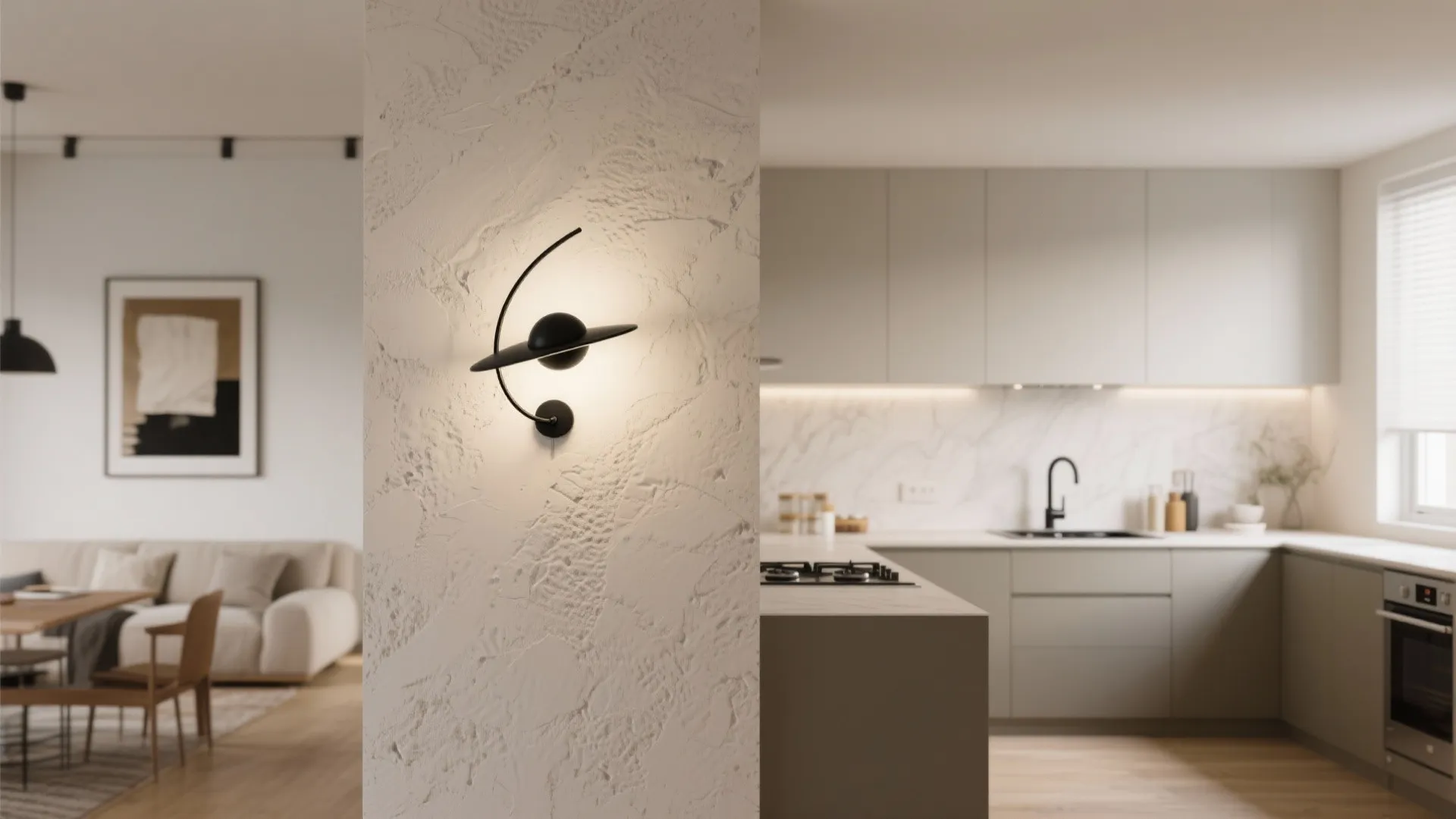 Open-plan studio where a matte-black Comet sconce aligns with artwork, zoning the kitchen.