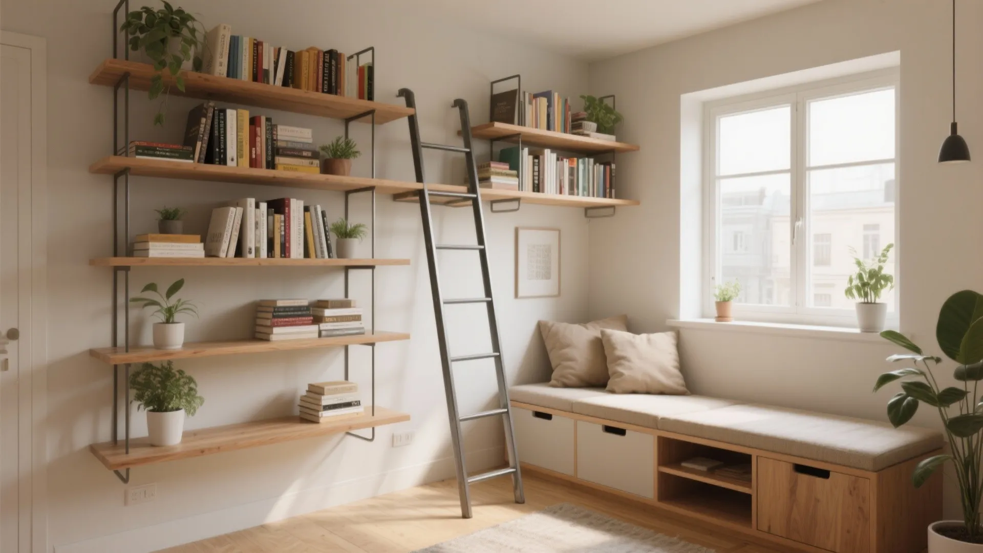 Home office with wall shelves library ladder window seat pillows and bright natural daylight through windows