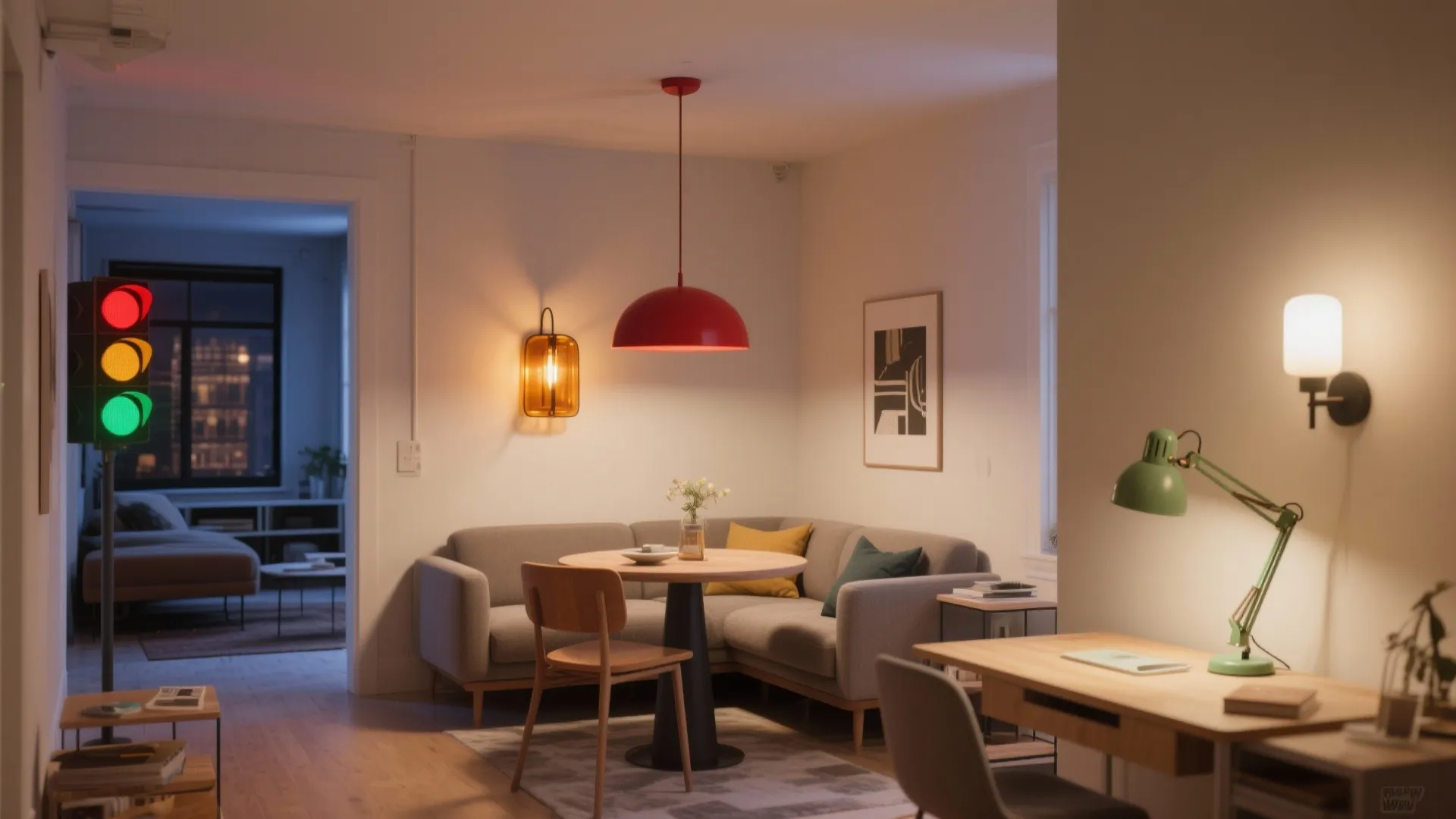 Traffic signal color accents in open-plan studios