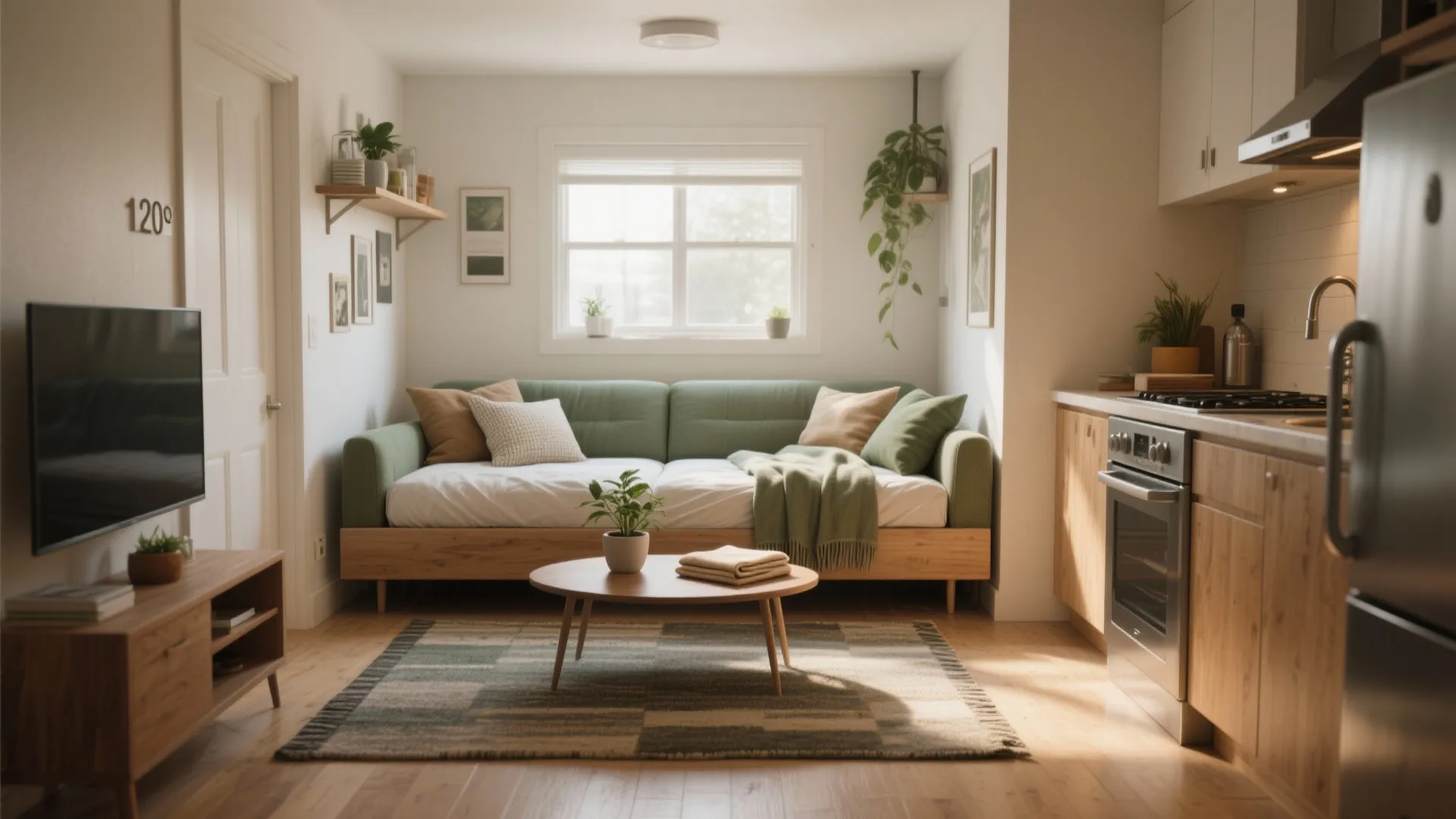 Small studio apartment with green sofa bed wooden coffee table television stand and open kitchen