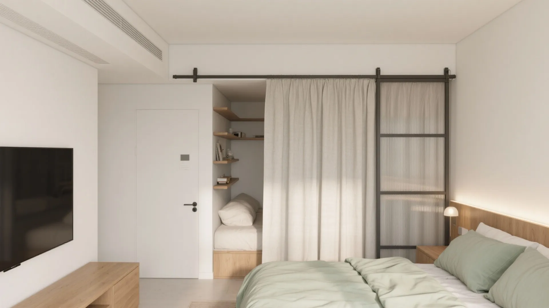 Multifunctional zones with sliding or soft partitions