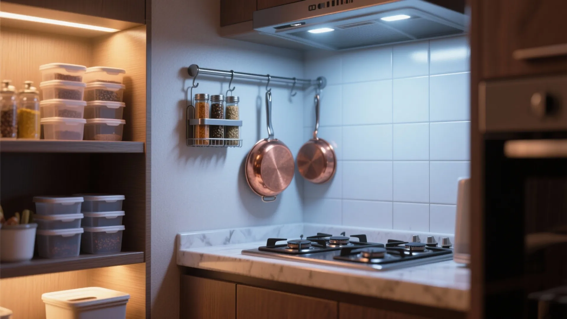 Kitchen corner showing spice jars and copper pots hanging above a gas stove with bright lighting
