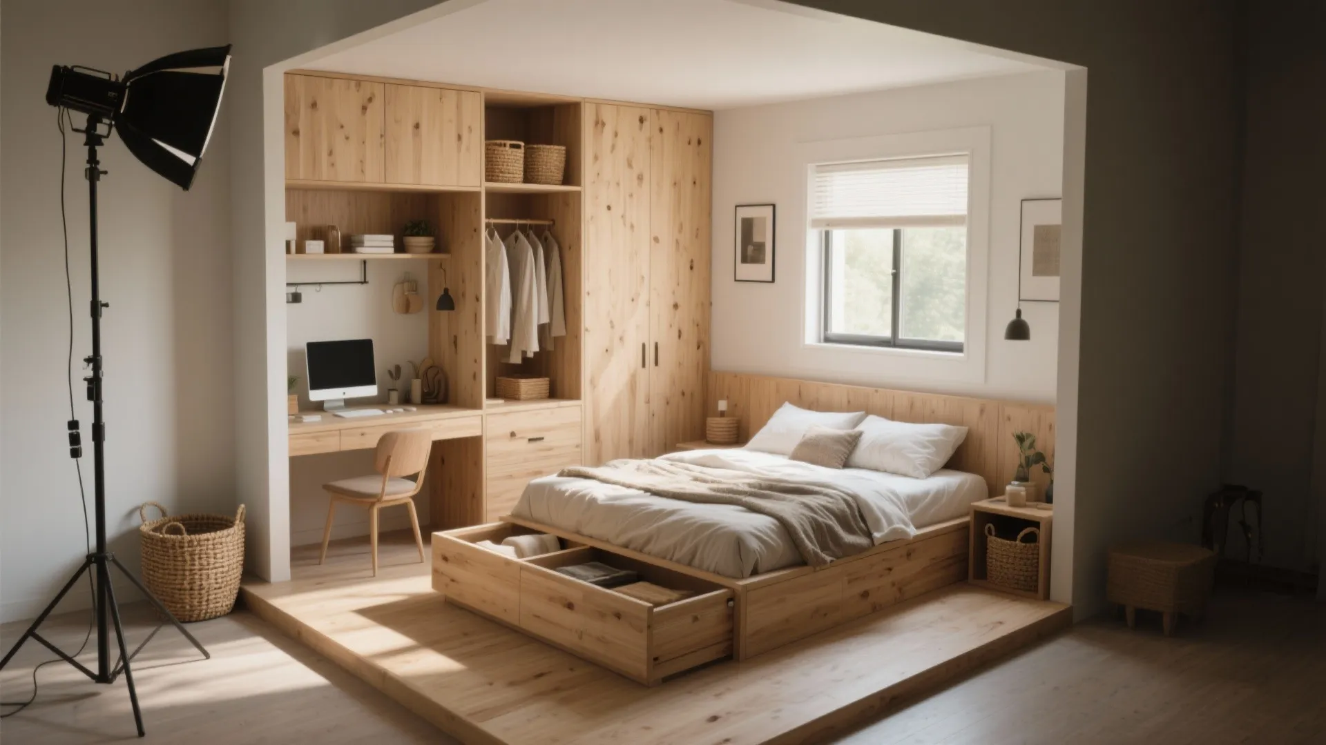 Modern wood studio bedroom with storage bed integrated desk large wardrobe and warm natural sunlight lighting