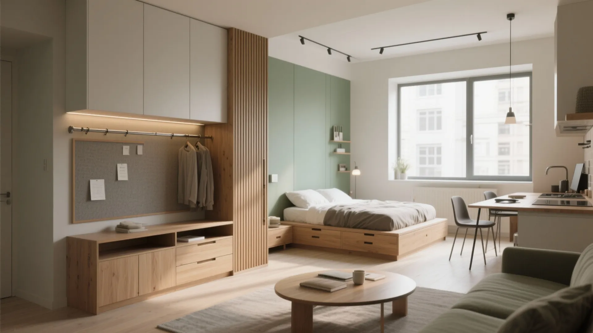 Modern studio apartment layout with wooden bed storage cabinets green wall sofa and round coffee table
