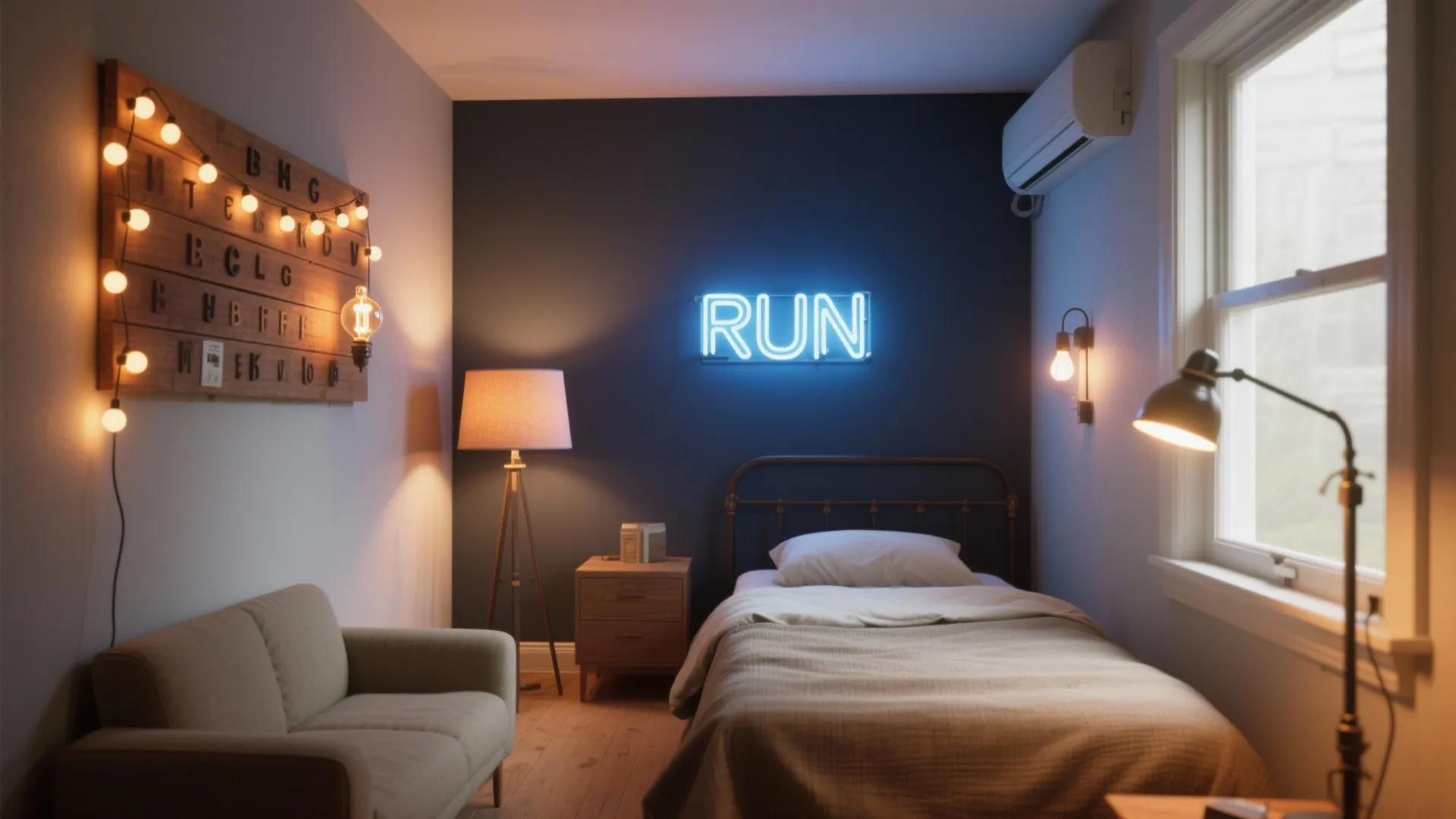 Small bedroom with blue wall, neon sign, single bed, sofa, floor lamp, and wall lights