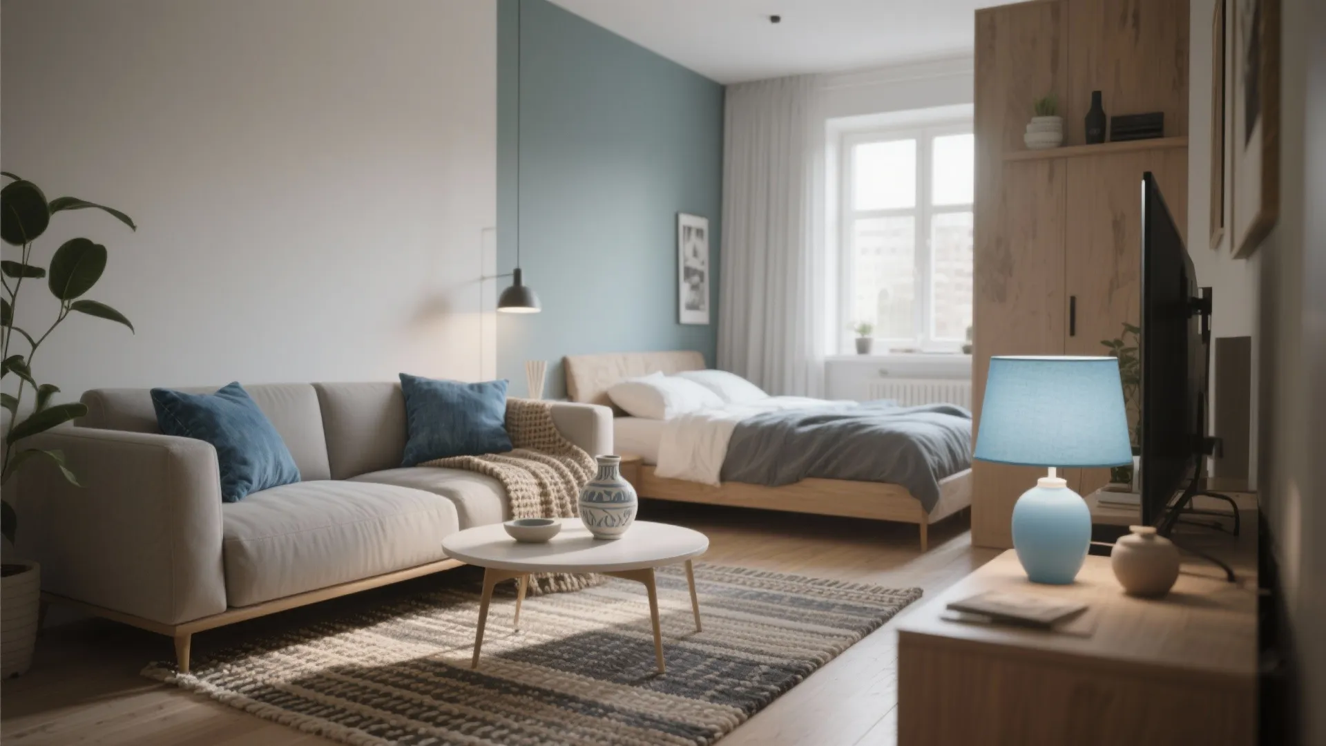 Small studio apartment with beige sofa and blue wall light fixture next to wooden bed