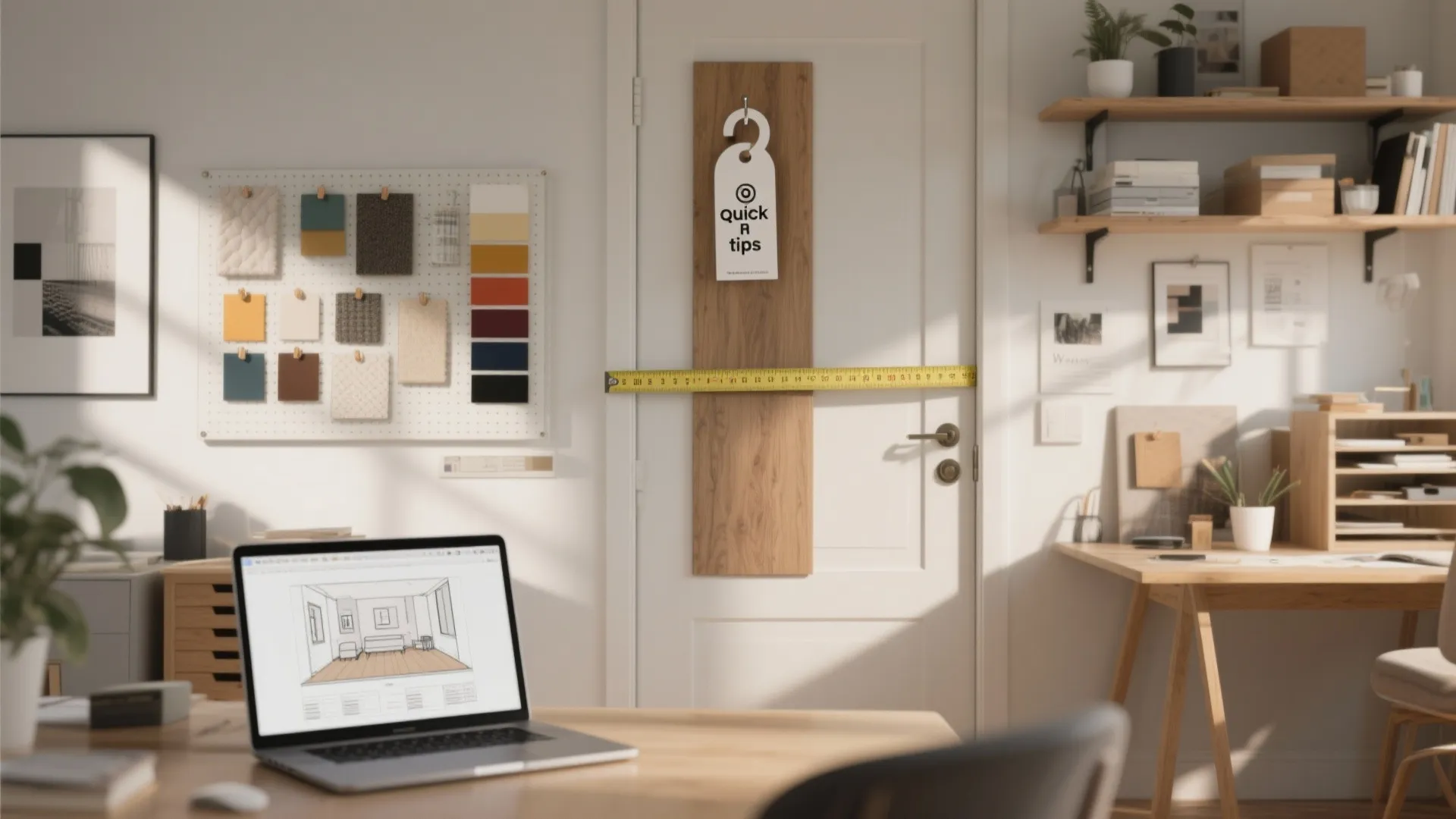 Design studio workspace with measuring tape, door sample, laptop showing a room planner, and material swatches on a moodboard.