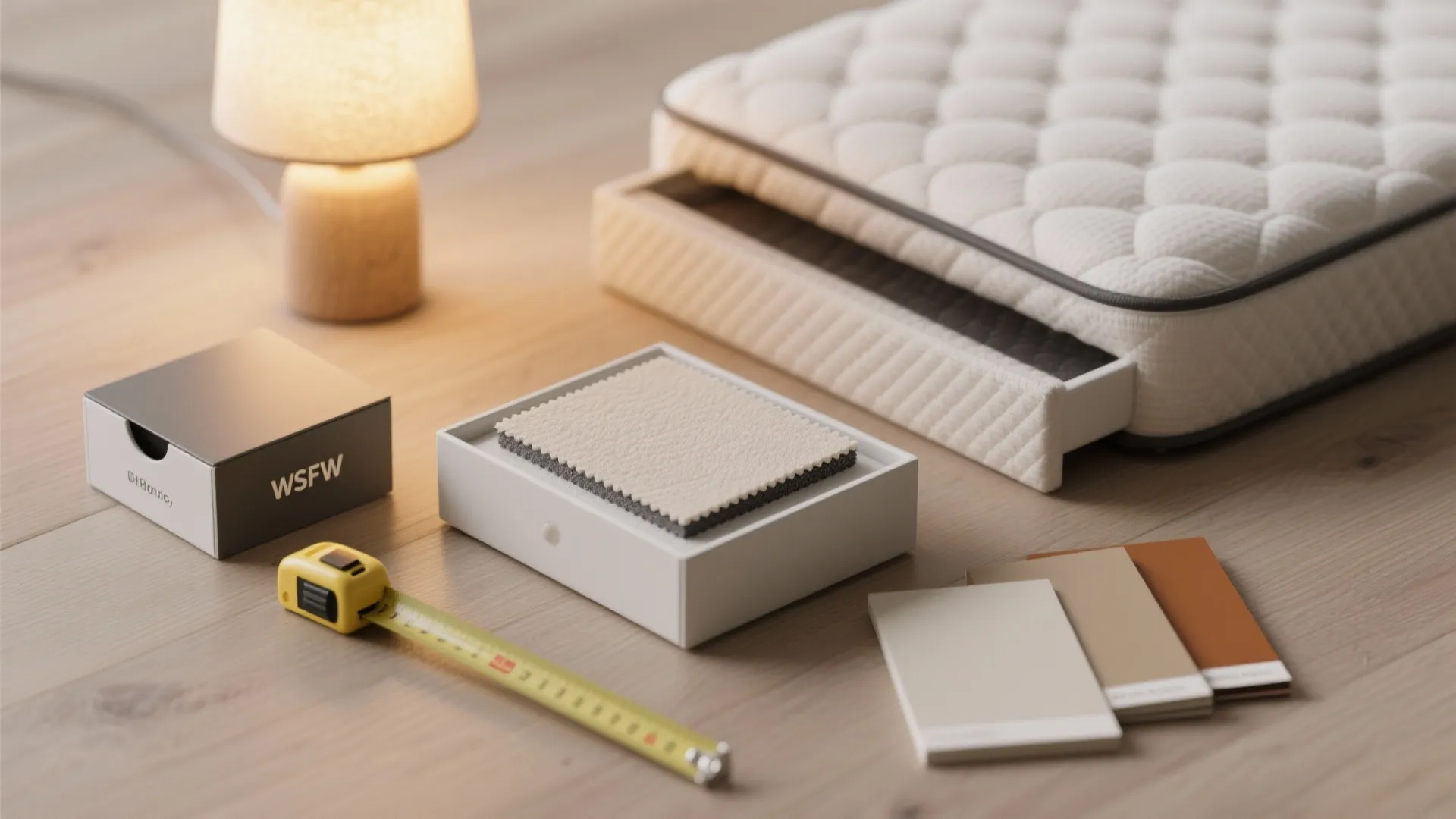 Interior design planning with fabric samples color cards measuring tape mattress and a table light