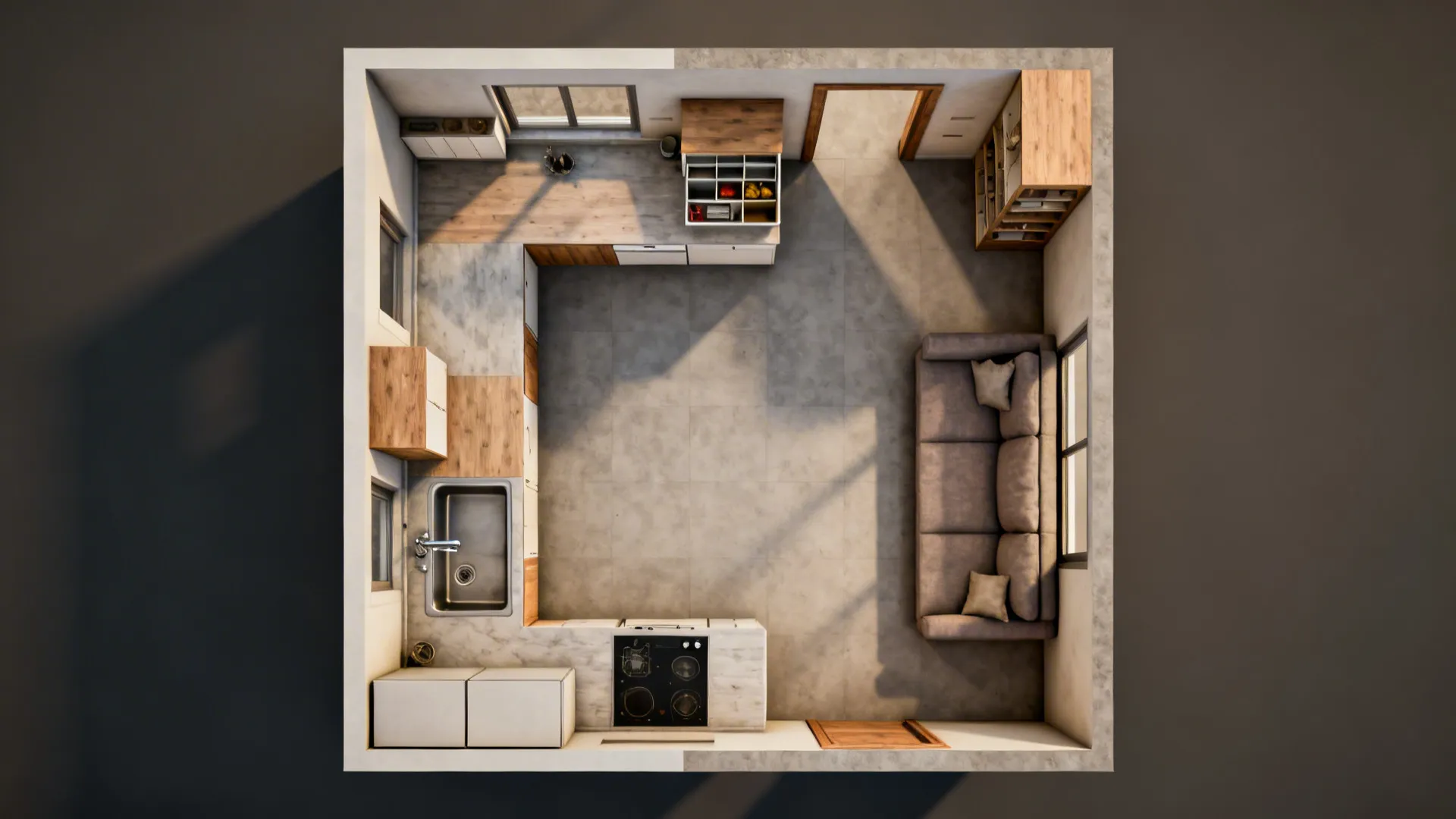 L-shaped micro-kitchen that respects the sofa