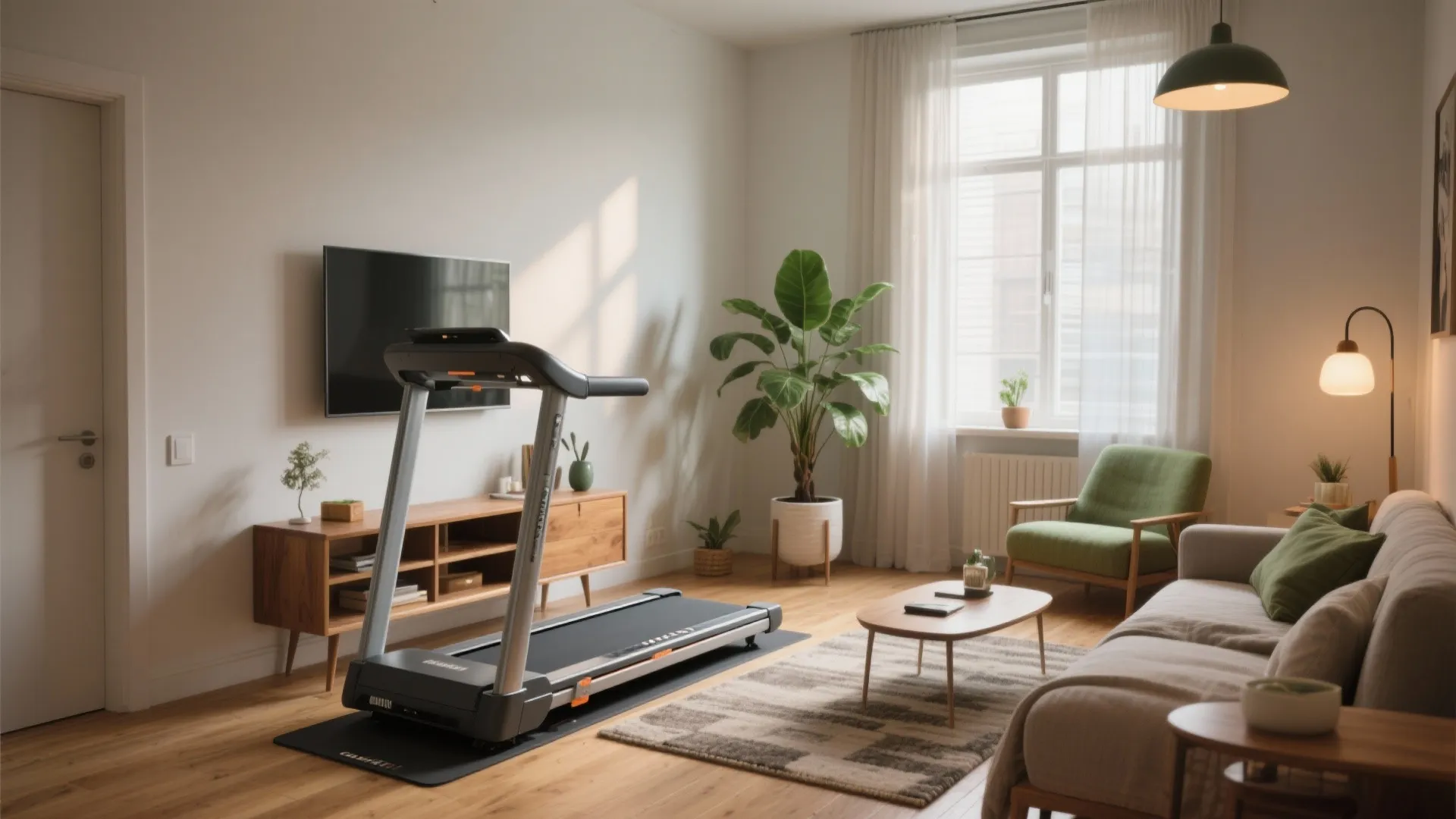 Bright living room with treadmill on black mat near wooden cabinet and green armchair furniture