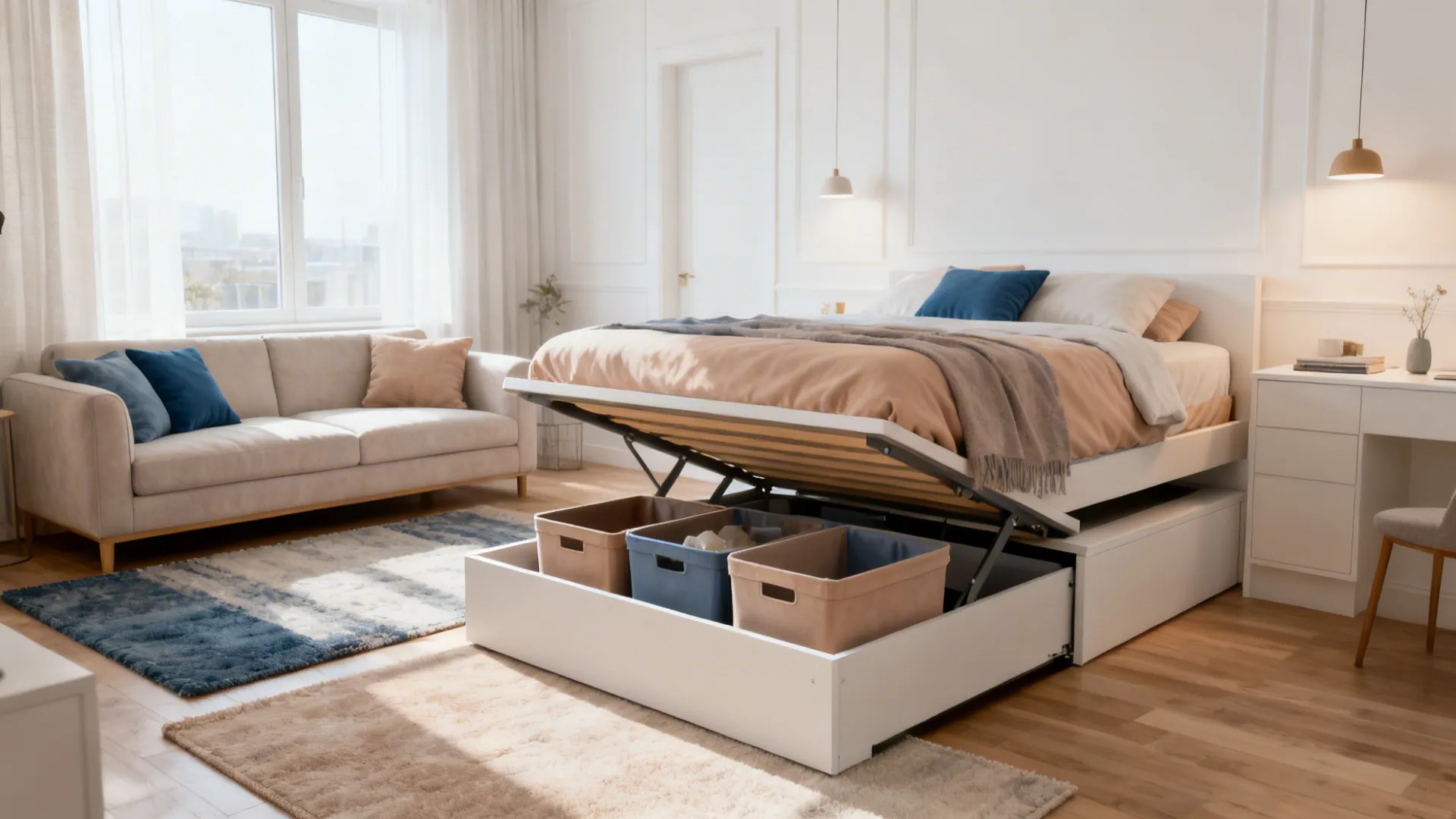 Studio with lift-up under-bed storage and a sleeper sofa defined by rugs and lighting.