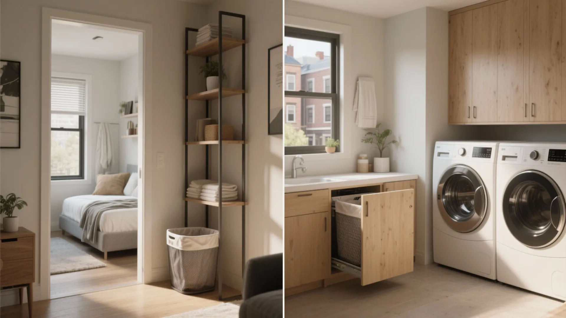Side by side interior design drawing comparison of a small studio apartment and a laundry room