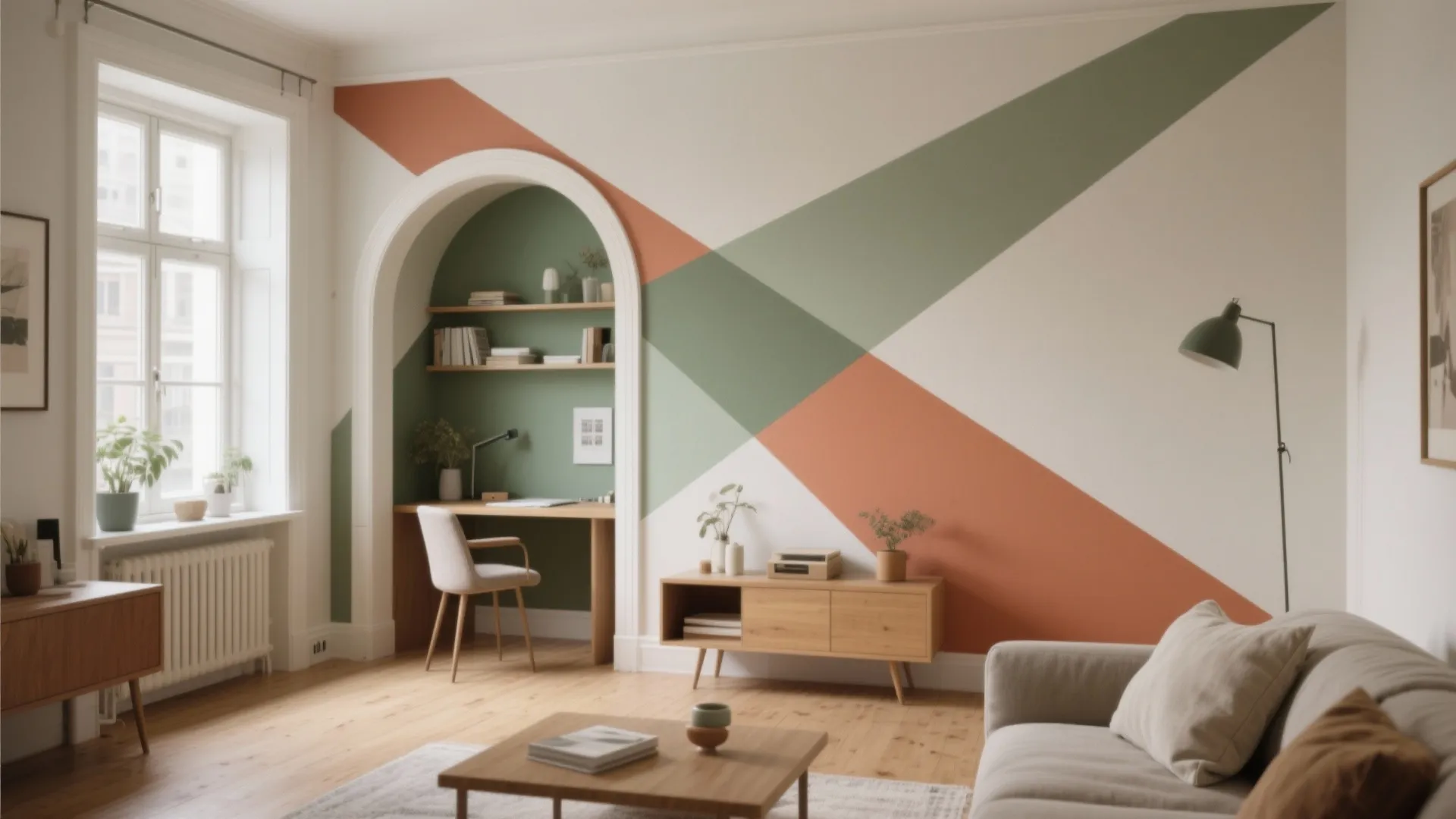 Living room with geometric wall paint, arched study nook, wooden desk, chair, and beige sofa