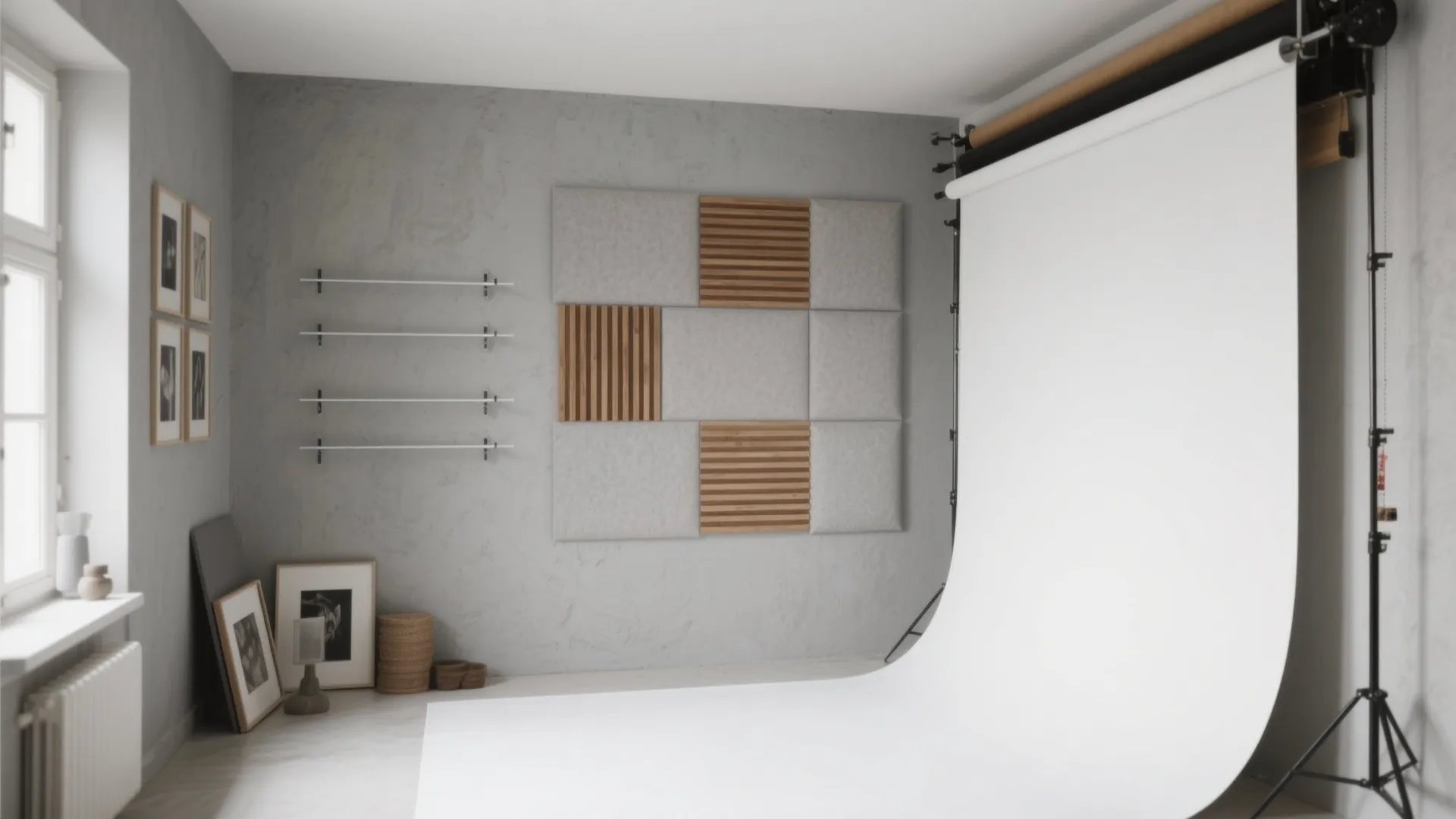 Modern photography studio with white backdrop grey walls wall panel decorations and simple metal shelves