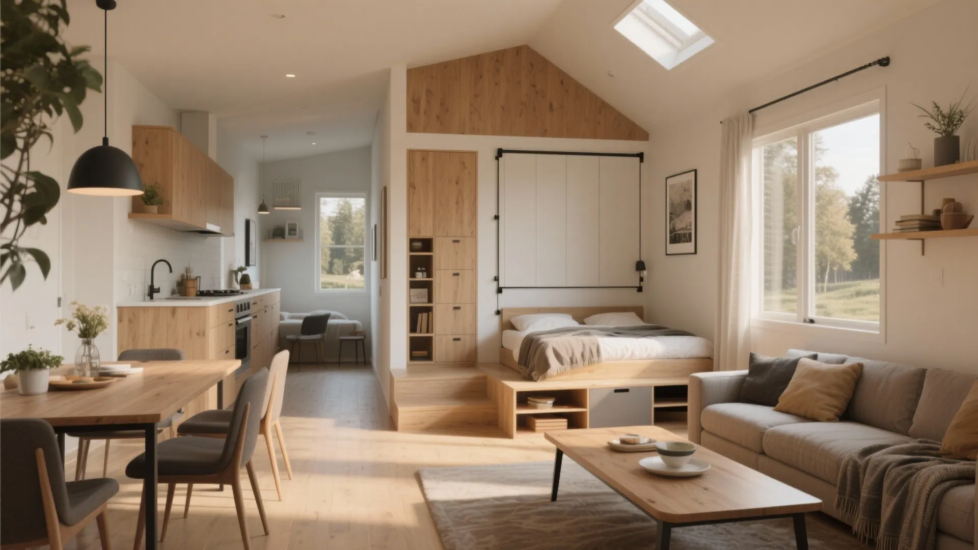 Studio living area with adjacent compact bedroom featuring a Murphy bed and built-in storage.