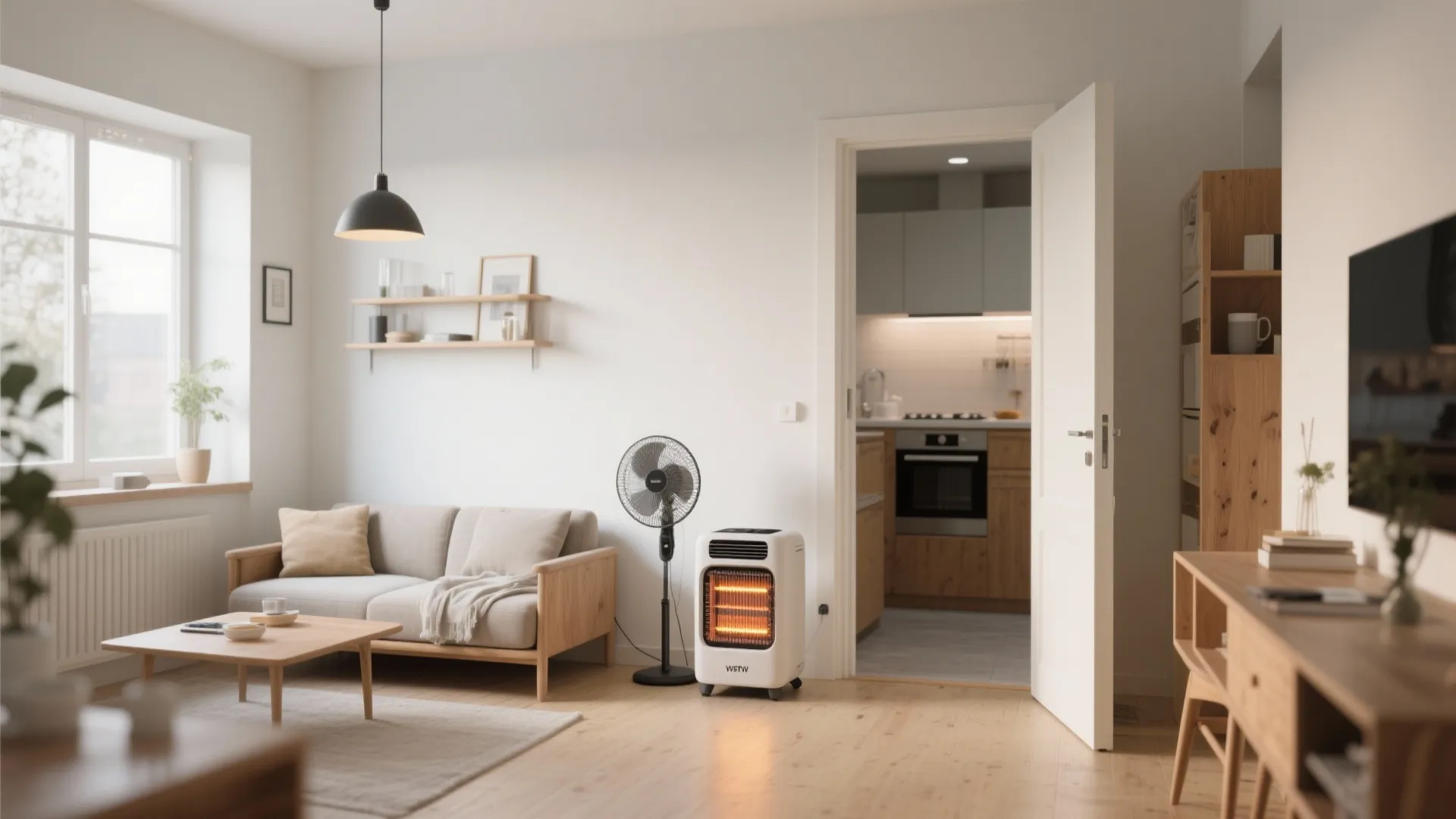 Modern living room with white heater floor fan sofa coffee table and kitchen through open door