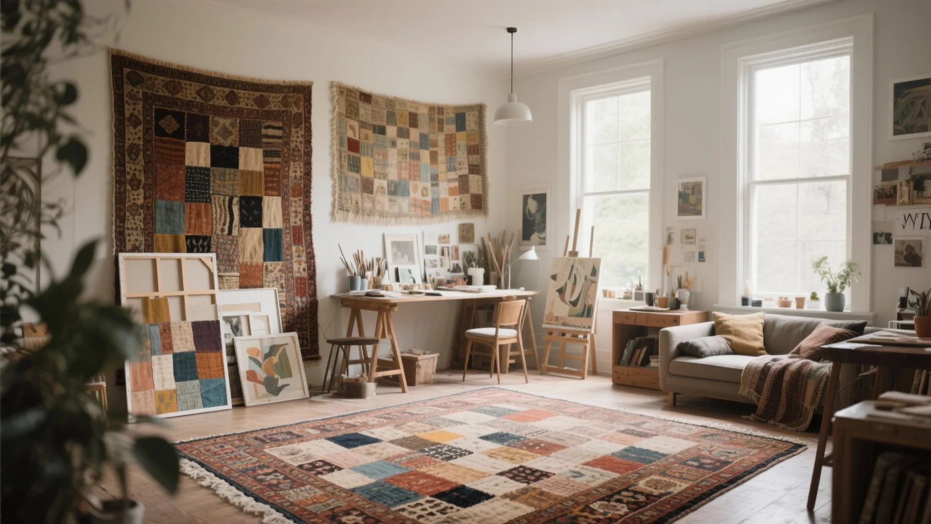 Bright art studio featuring patchwork rugs on wall and floor, grey sofa, and wooden desk