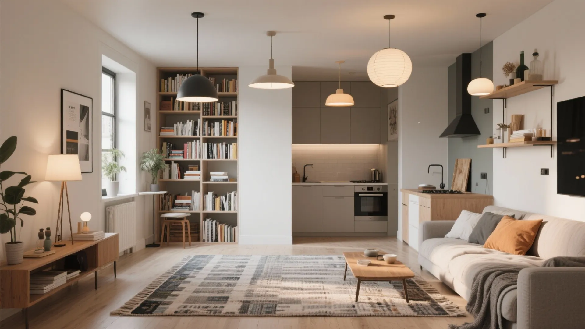 Studio apartment with visual dividers like rugs and bookshelves