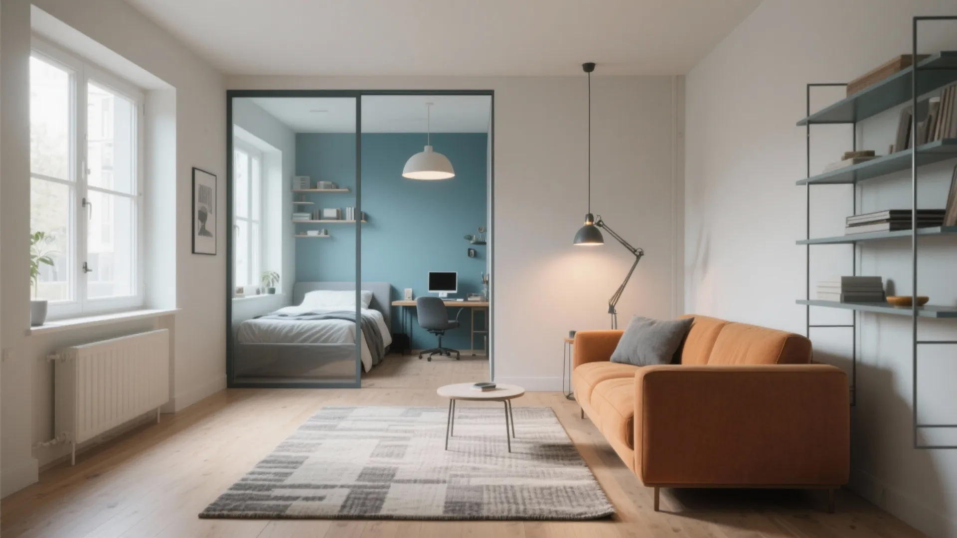 Studio apartment layout with glass wall separating the bedroom area from the orange sofa living