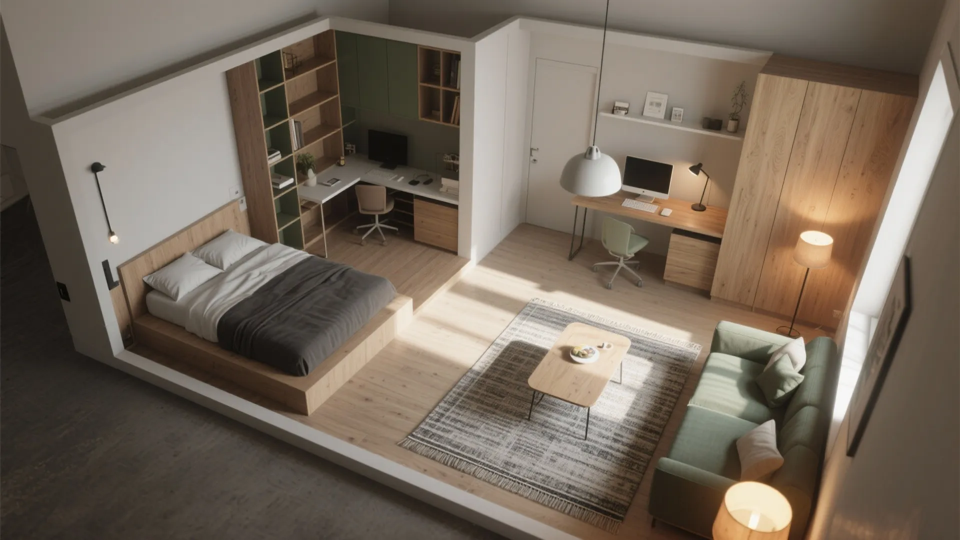 Zone your space with light, rugs, and height