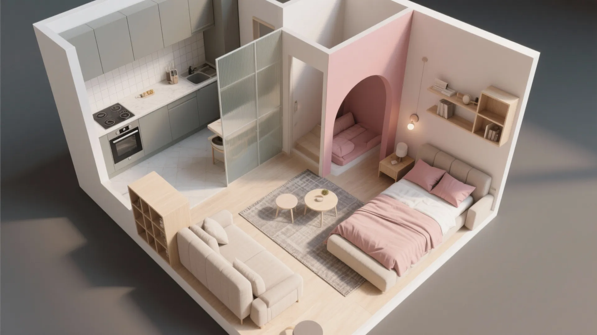 Zoning with Pink: Define Living, Kitchen, and Sleep in Studios