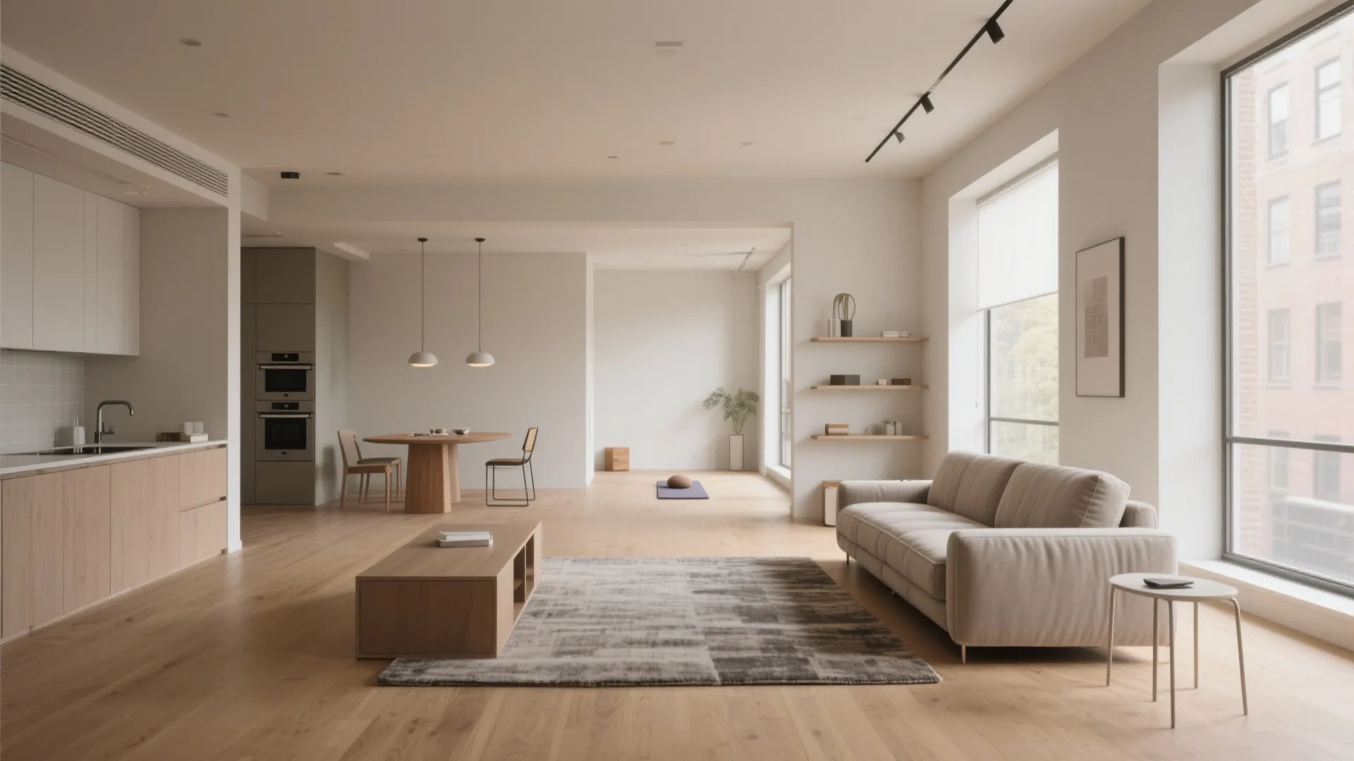 Open-plan studio showing a slim power recliner anchoring a lounge zone with clear sightlines to kitchen, dining and a yoga corner.