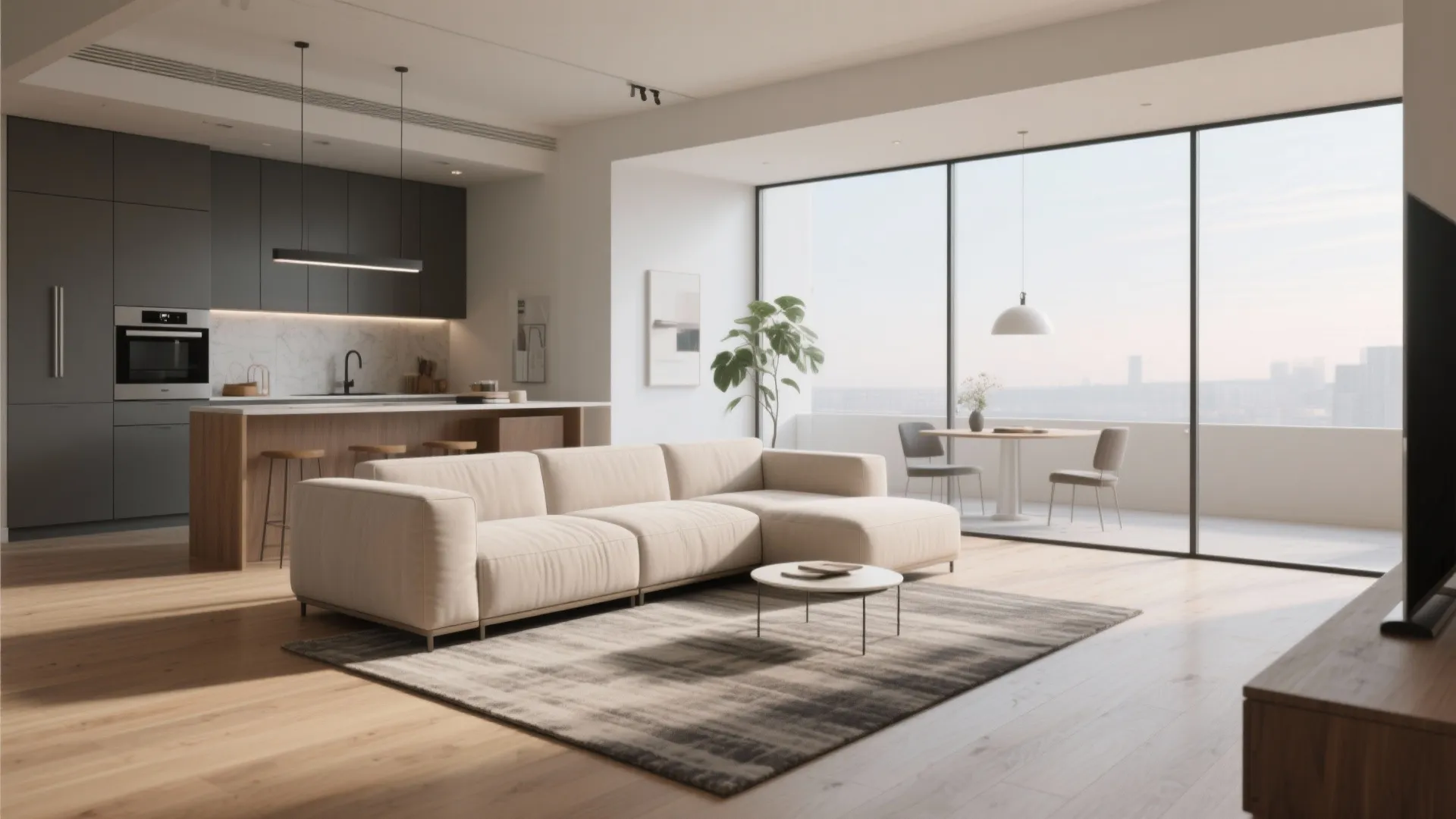 Modern open plan living room with cream sofa wood floor large windows and grey kitchen