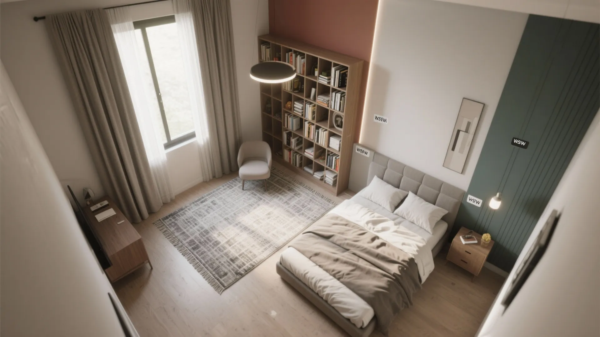 Top-down 3D style layout showing zoning in a small studio bedroom with rug and bookshelf divider
