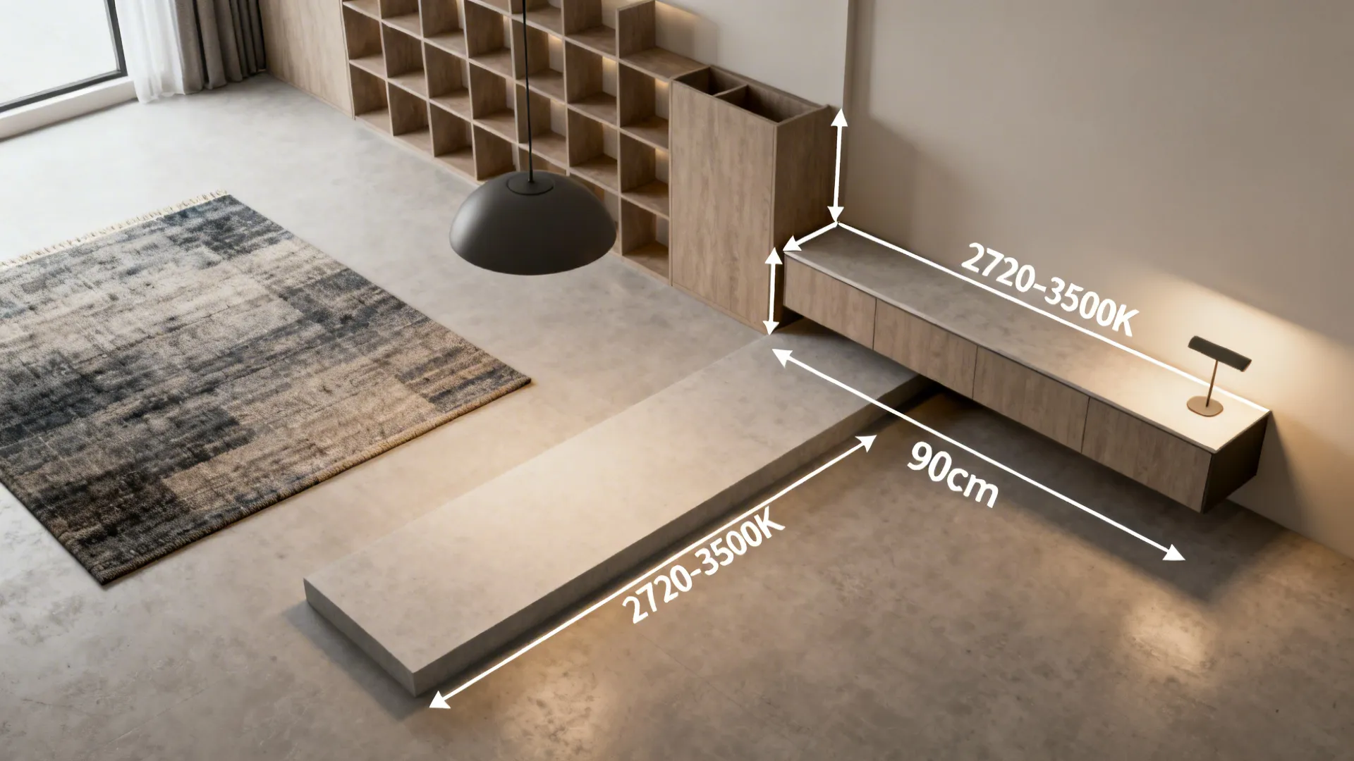 Top-down studio layout with zoning options: rug, pendant, shelving, platform, and console with measurements