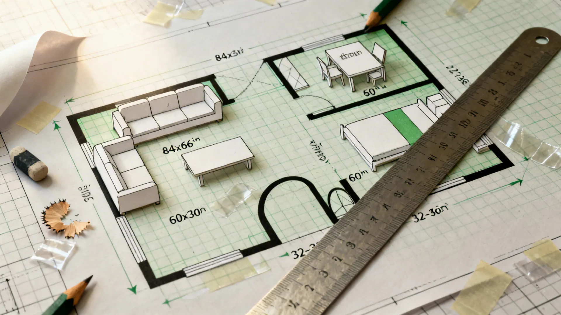 Top-down graph paper studio plan with scaled furniture cutouts defining zones and paths.