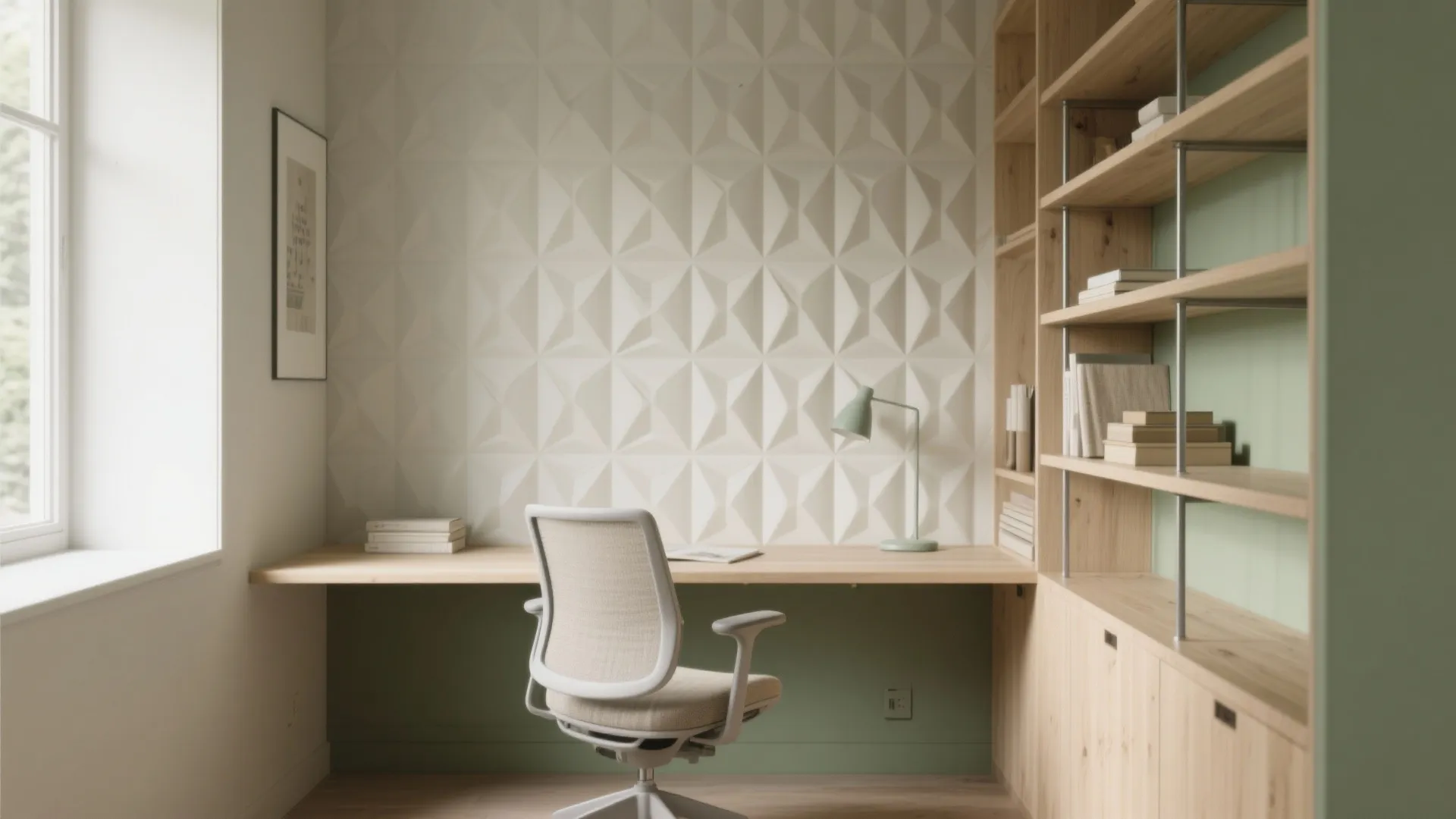 Modern home office with wooden desk and white chair against a textured geometric wall panel