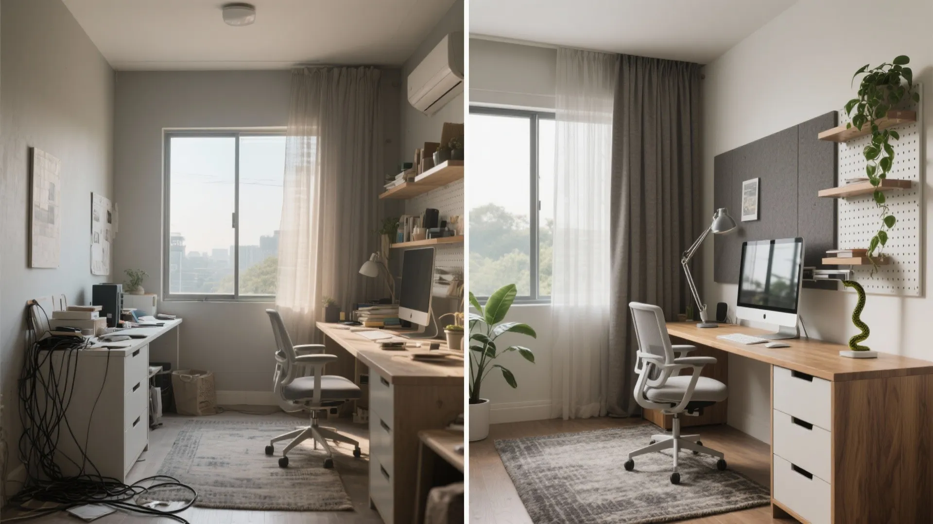 Before and after comparison of a messy home office transformed into a clean organized workspace
