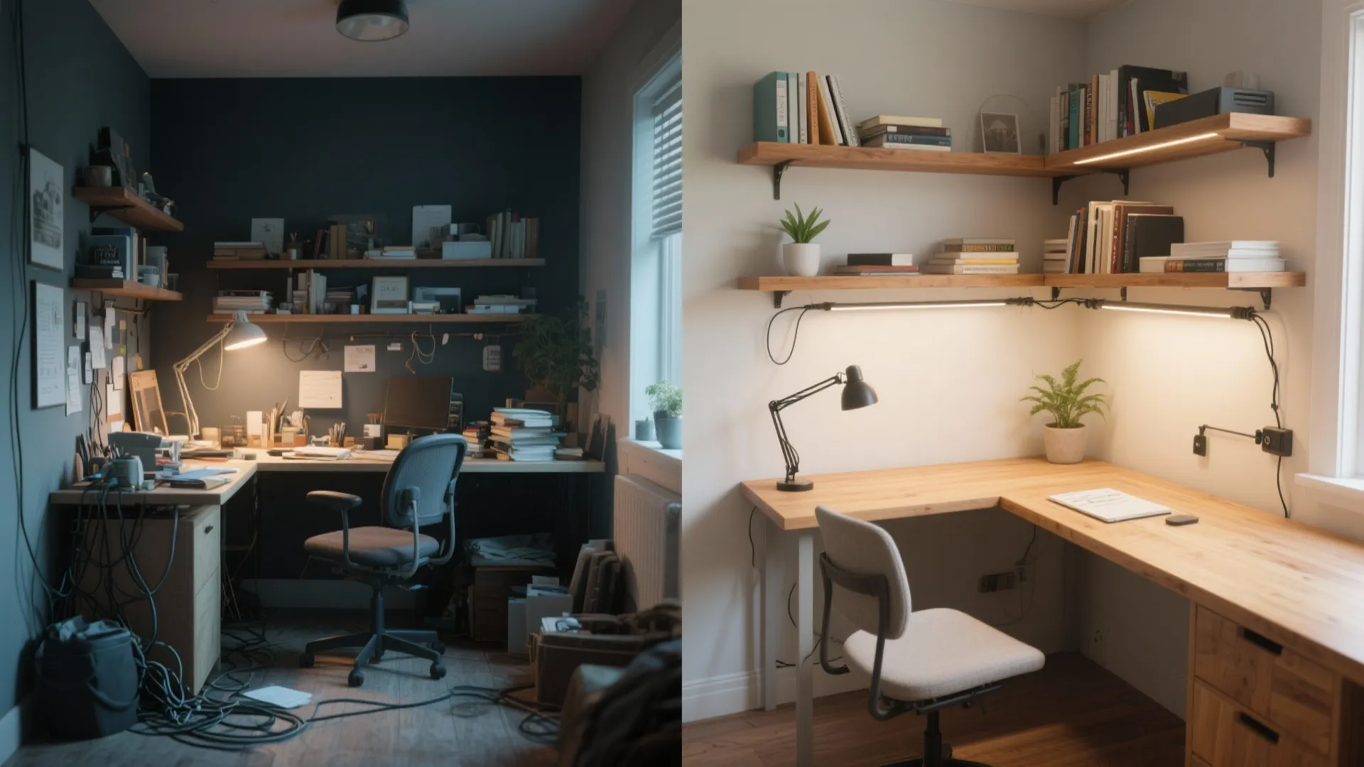 Side-by-side of cluttered study corner versus a minimalist, organized upgrade