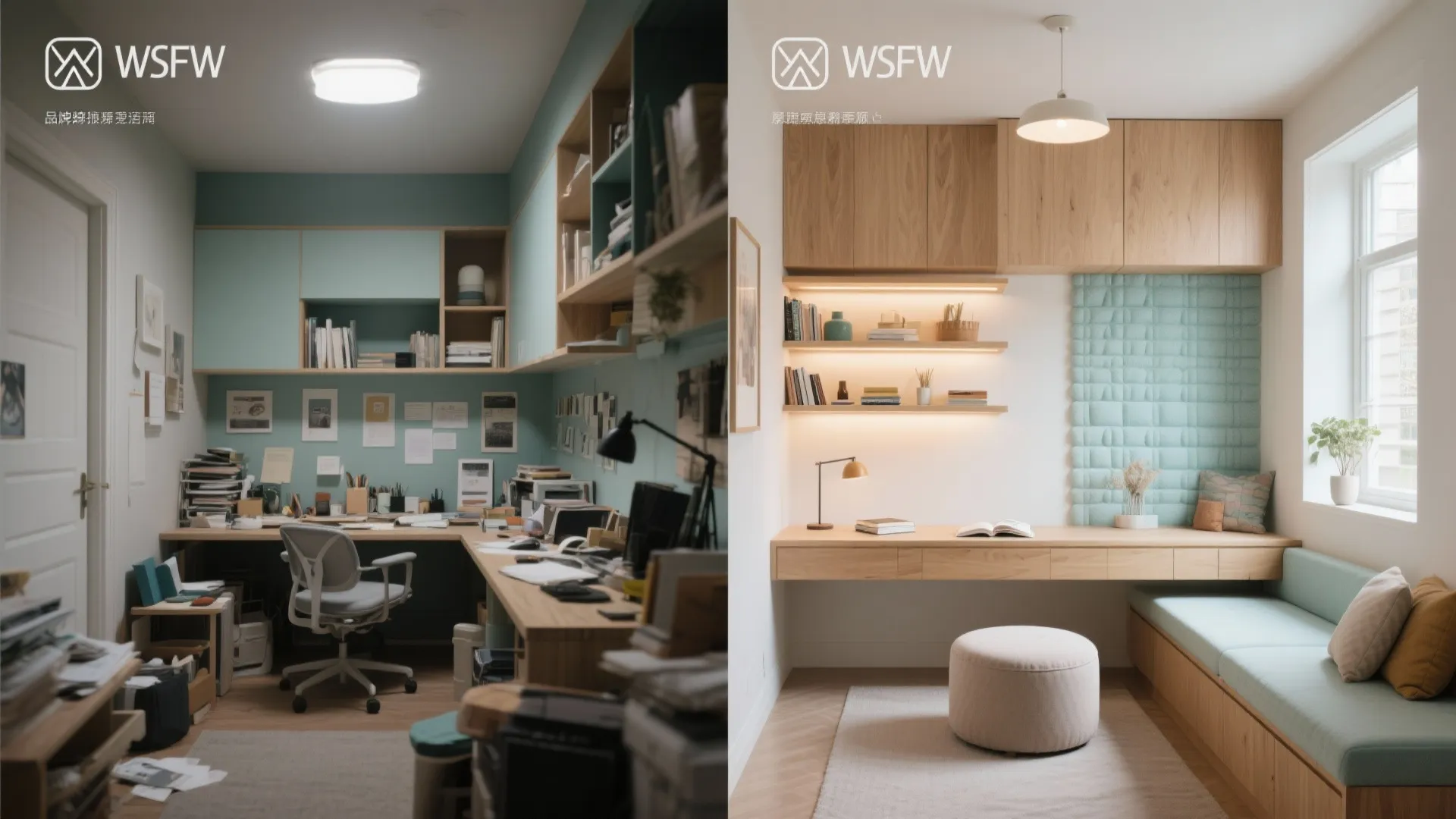 Before and after comparison of a messy home office versus a clean organized study space